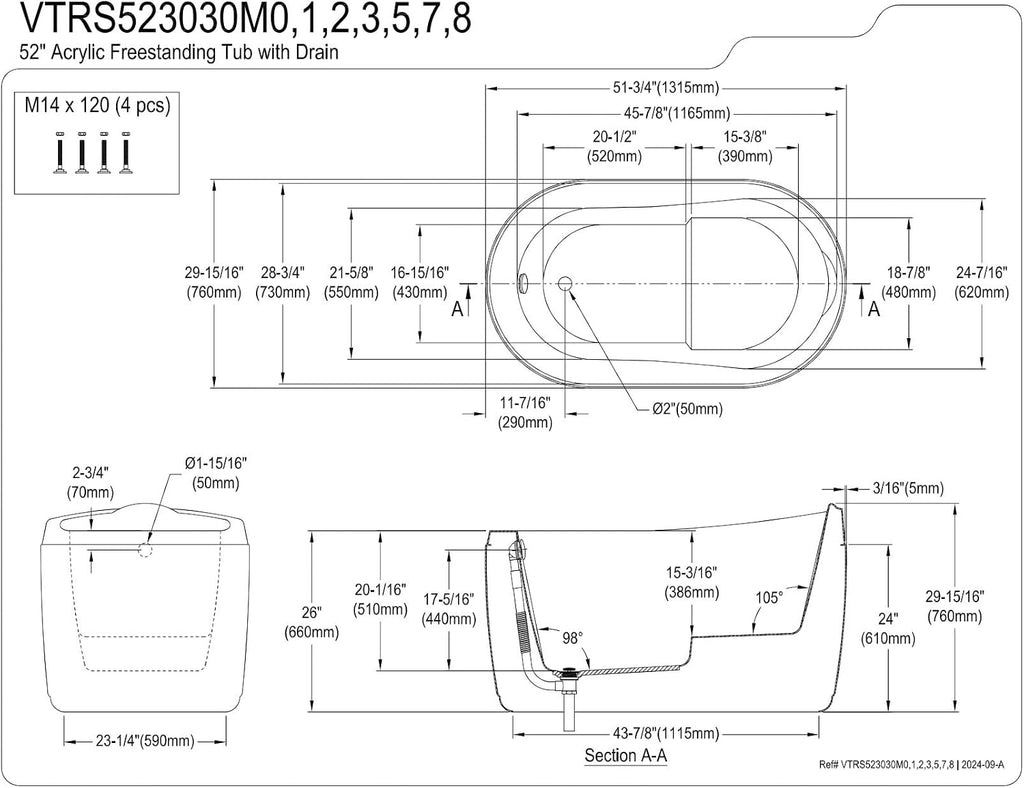 Kingston Brass VTRS523030M5 52' Acrylic Oval Single Slipper Freestanding Tub with Overflow/Drain Assembly and Integral Seat, Glossy White/Oil Rubbed Bronze