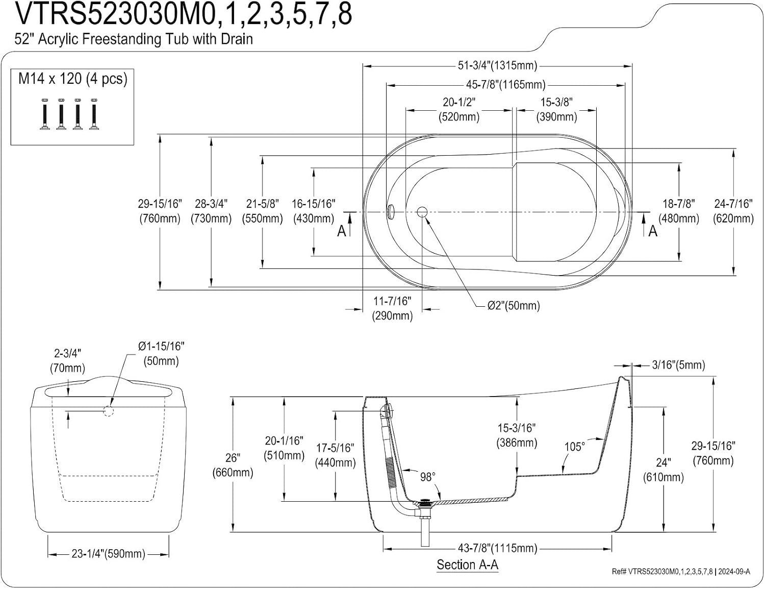 Kingston Brass VTRS523030M5 52' Acrylic Oval Single Slipper Freestanding Tub with Overflow/Drain Assembly and Integral Seat, Glossy White/Oil Rubbed Bronze