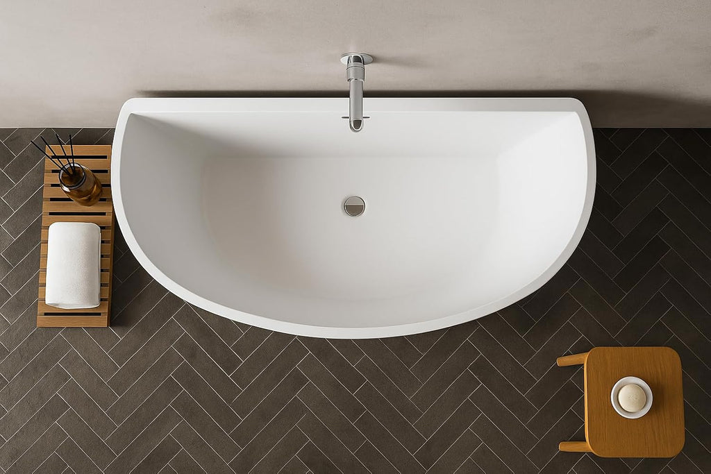 Carver Tubs - Trinity 69' - Modern White Freestanding Soaking Bath Tubs for bathroom, With Chrome Drain - Semicircular Acrylic Fiberglass Spacious Tub - Deep Relaxing Soak - 69'L x 31'W x 23.5'H