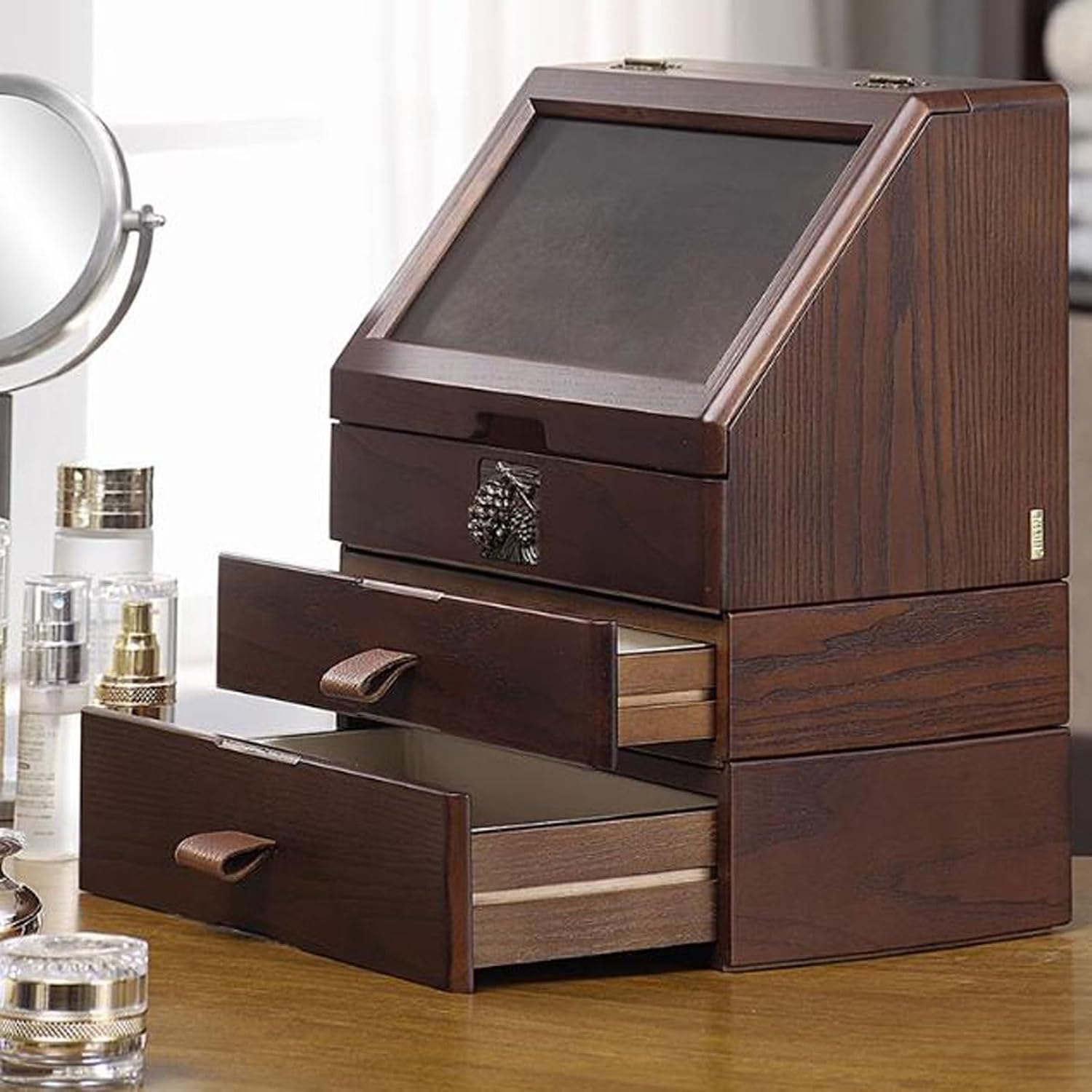 Makeup Organizer Box Large Capacity Wood Makeup Organizer Box with Flip Lid and Drawers, Bathroom Organizer Countertop, Vanity Tray Corner Shelf for Makeup Cosmetic Perfume Skincare Bathroom Supplies