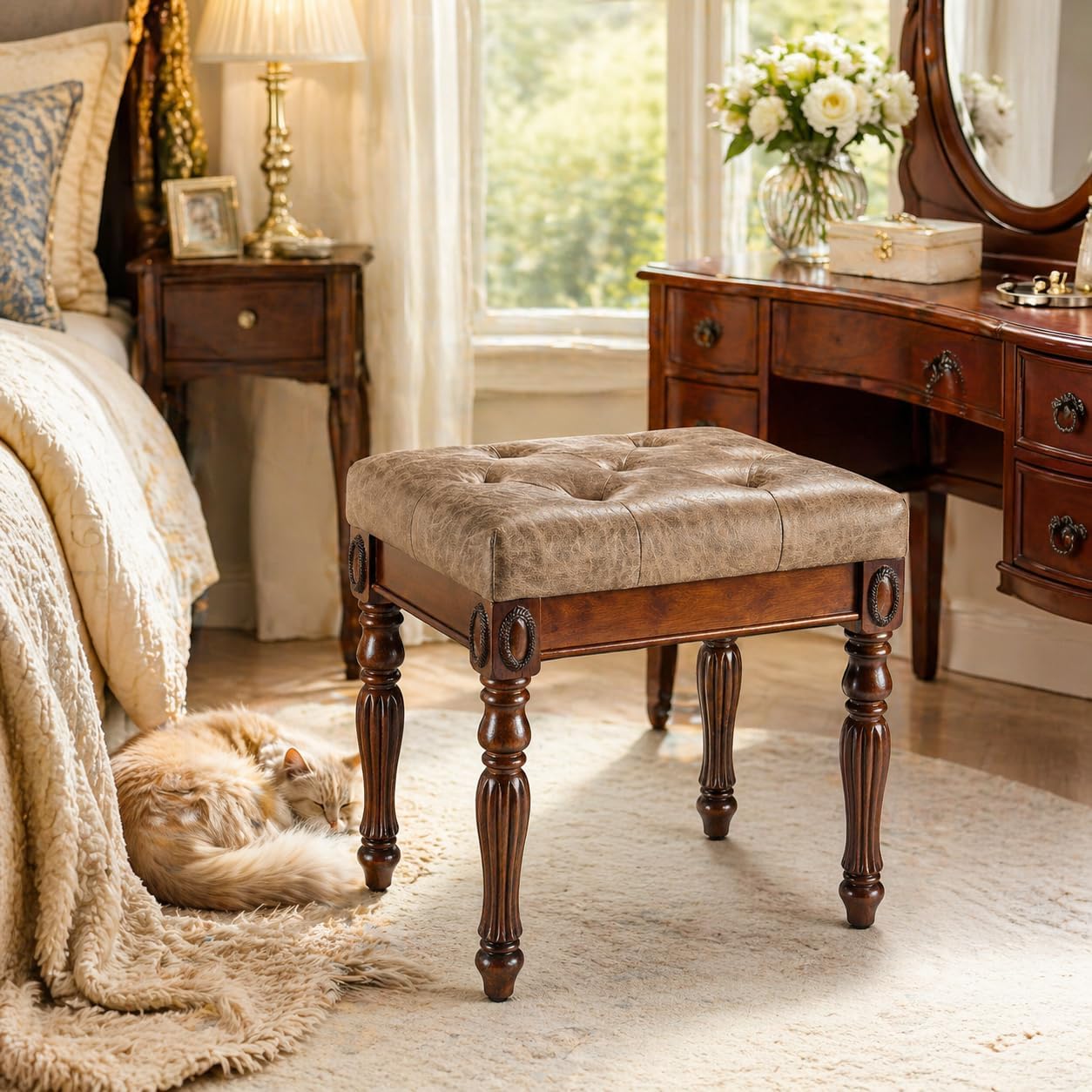 Vanity Bench Stool with Padded Cushion, Piano Bench with Solid Wood Carving Legs, Home Chairs Button Breathing Leather Upholstered Seat, 18.5' x 14.2' x 19.1' Easy Assembly, Yellowish Brown FD1533LT