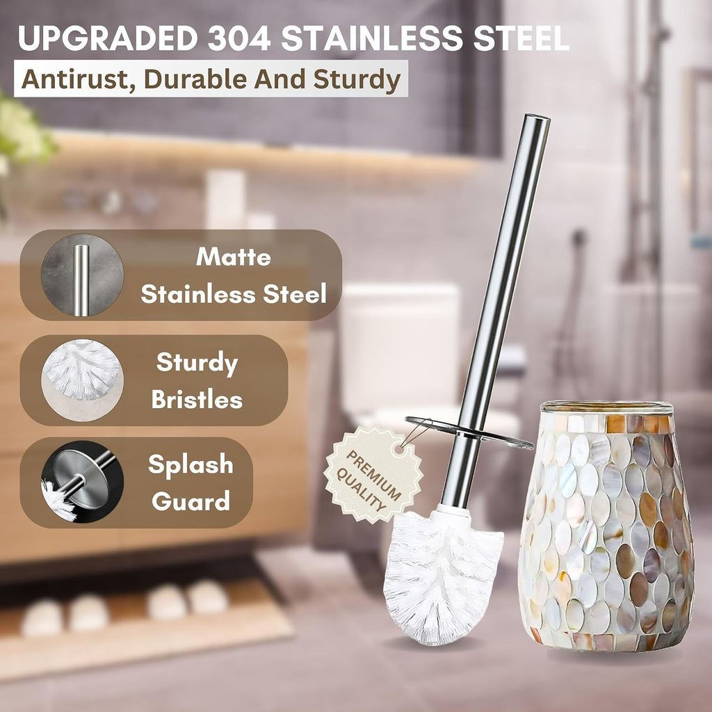 Natural Shell Bathroom Accessories Sets 5 Pcs | Luxurious Glass Soap Dispenser, Toothbrush Holder, Cotton Glass Jar, Small Bathroom Trash Can, Toilet Brush | Modern Seashell Bathroom Decor