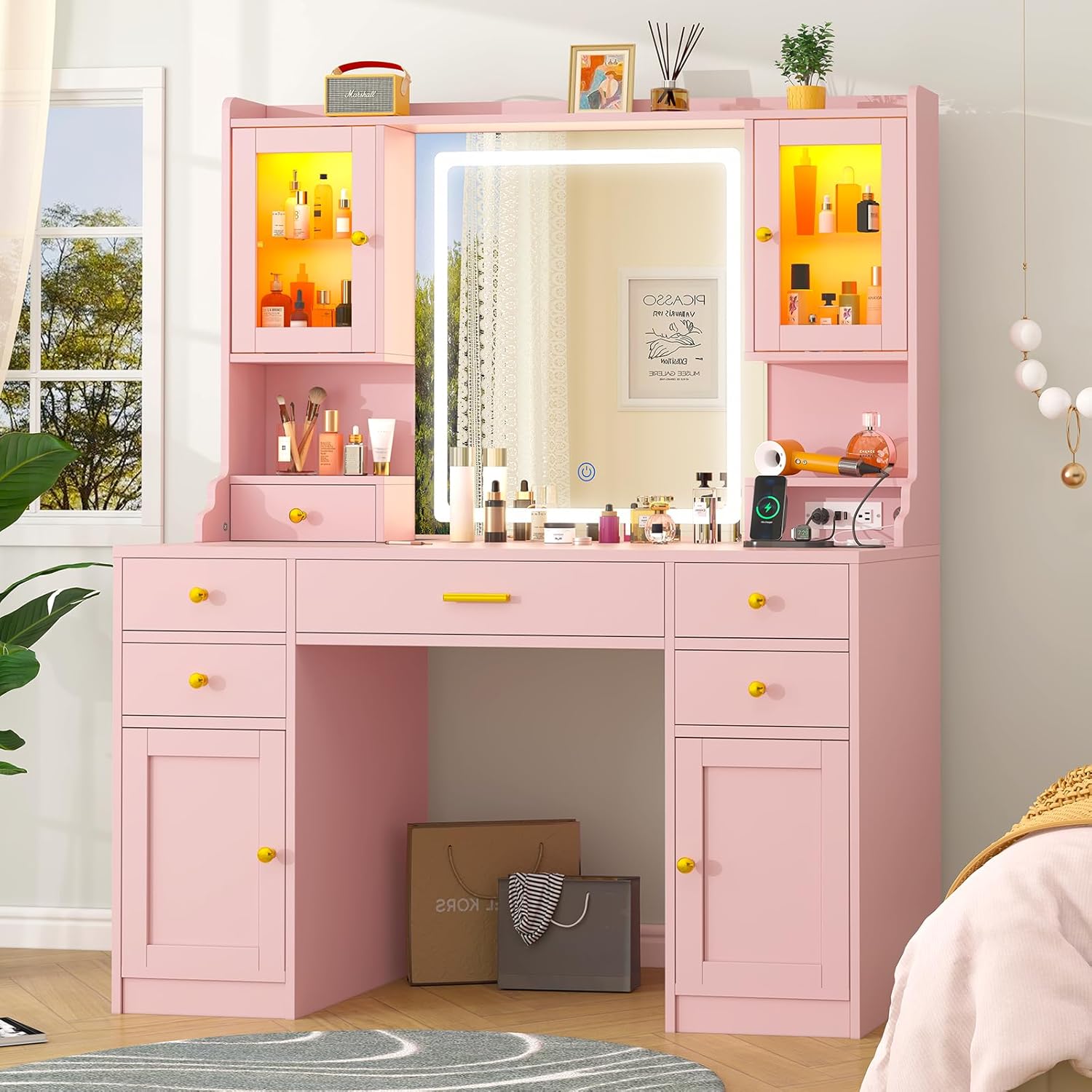 CSZZD Vanity Desk with LED Lighted Mirror, 41.3' Makeup Vanity Table with Power Outlet and 6 Drawers & Storage Shelves for Bedroom, Dressing Table with RGB Cabinets, Pink