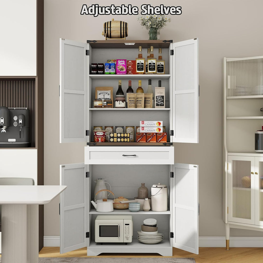 Halitaa 72' Tall Farmhouse Pantry Storage Cabinet with Organizer - Large Capacity Freestanding Cupboard for Kitchen, Dining Room, Living Room, White
