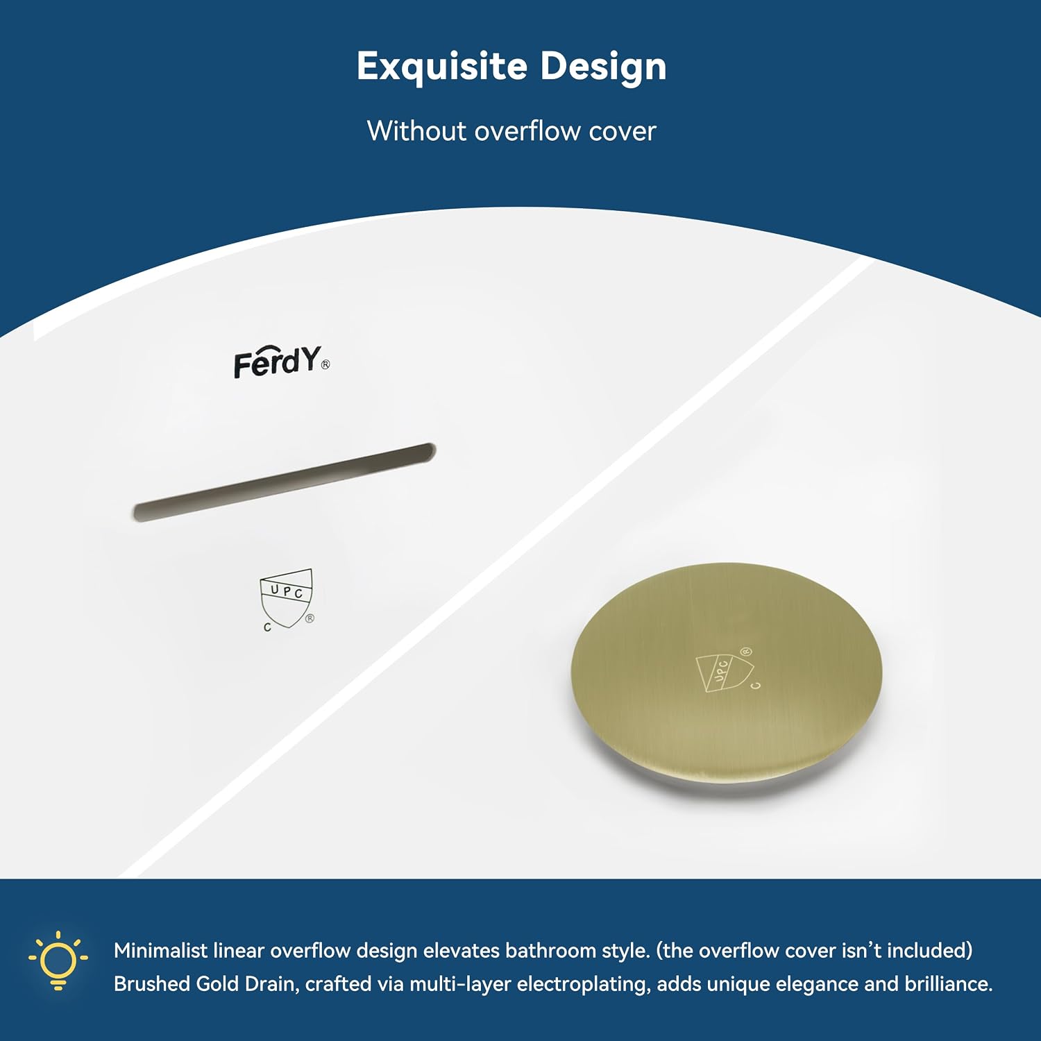 FerdY Bali 55' Freestanding Bathtub, Glossy White Freestanding soaking tub with Brushed Gold Drain & Integrated Slotted Overflow, cUPC Certified