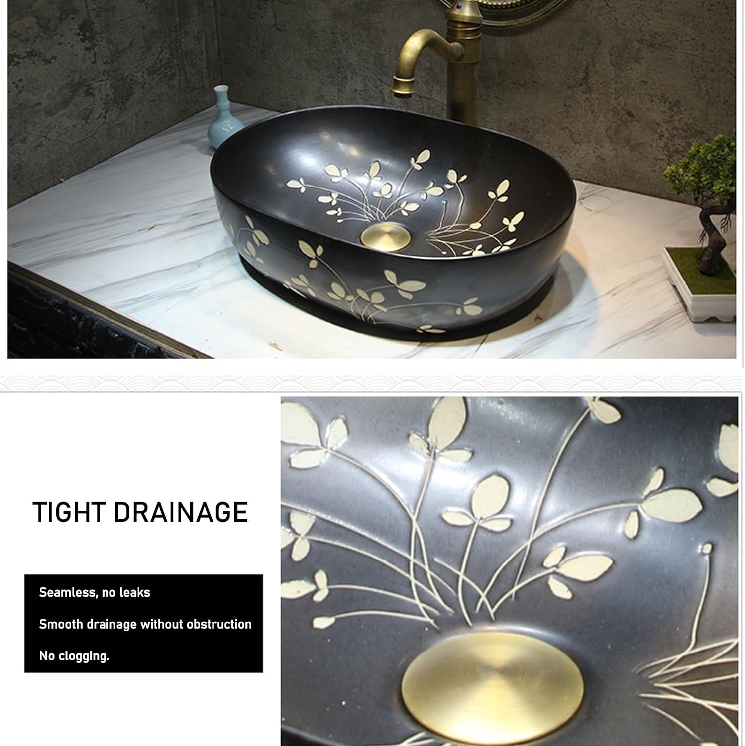 Ceramic Retro Bathroom Vessel Sink, Art Hand Wash Basin, Home Vanity Sink with Accessories, Countertop Basin for B&B, Club, Home