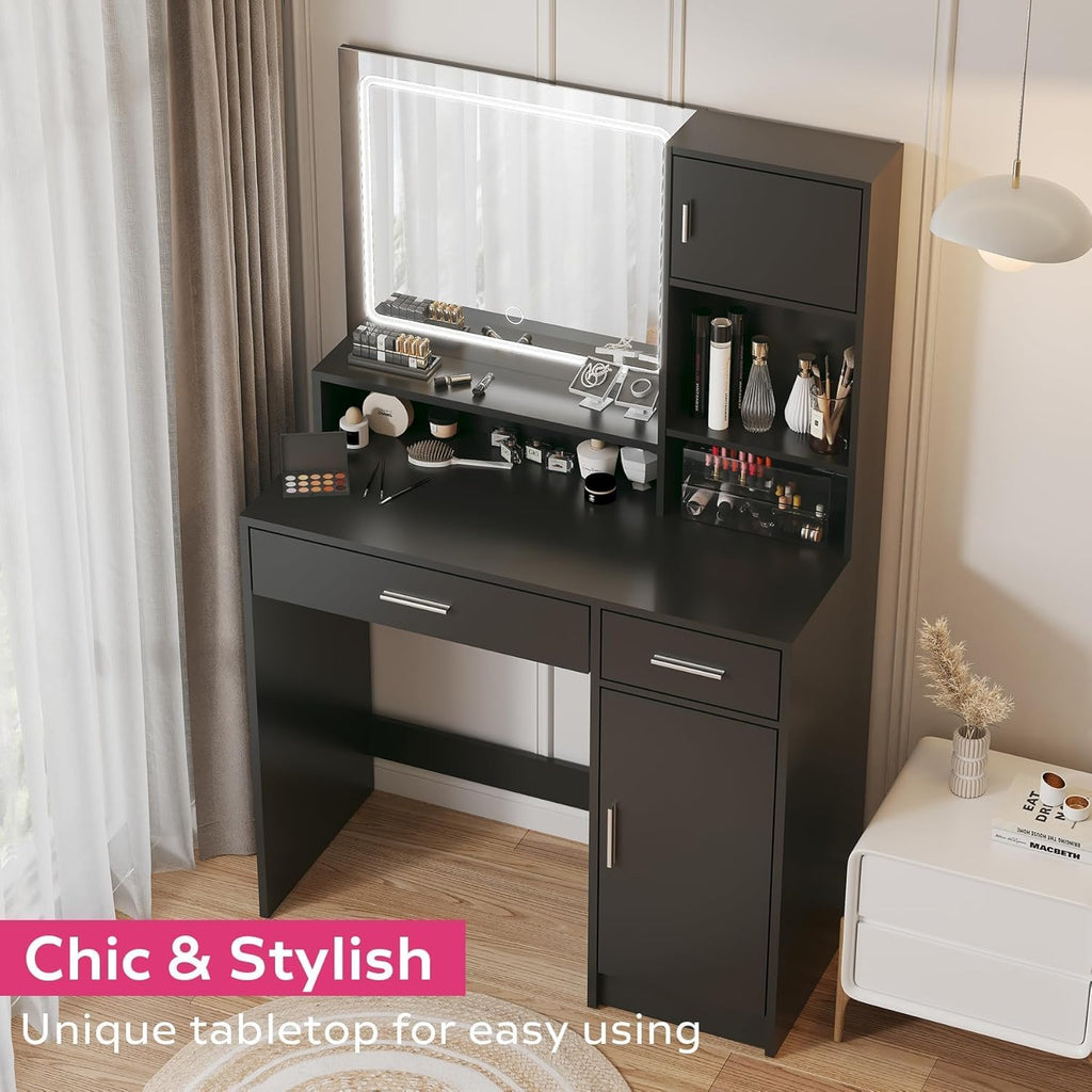 Palimder Vanity Desk with LED Light Mirror, Dressing Table with Large Drawer & 3-Tier Storage, Adjustable Brightness 3 Lighting Modes, Modern Makeup Desk for Bedroom, Bathroom, or Living Room