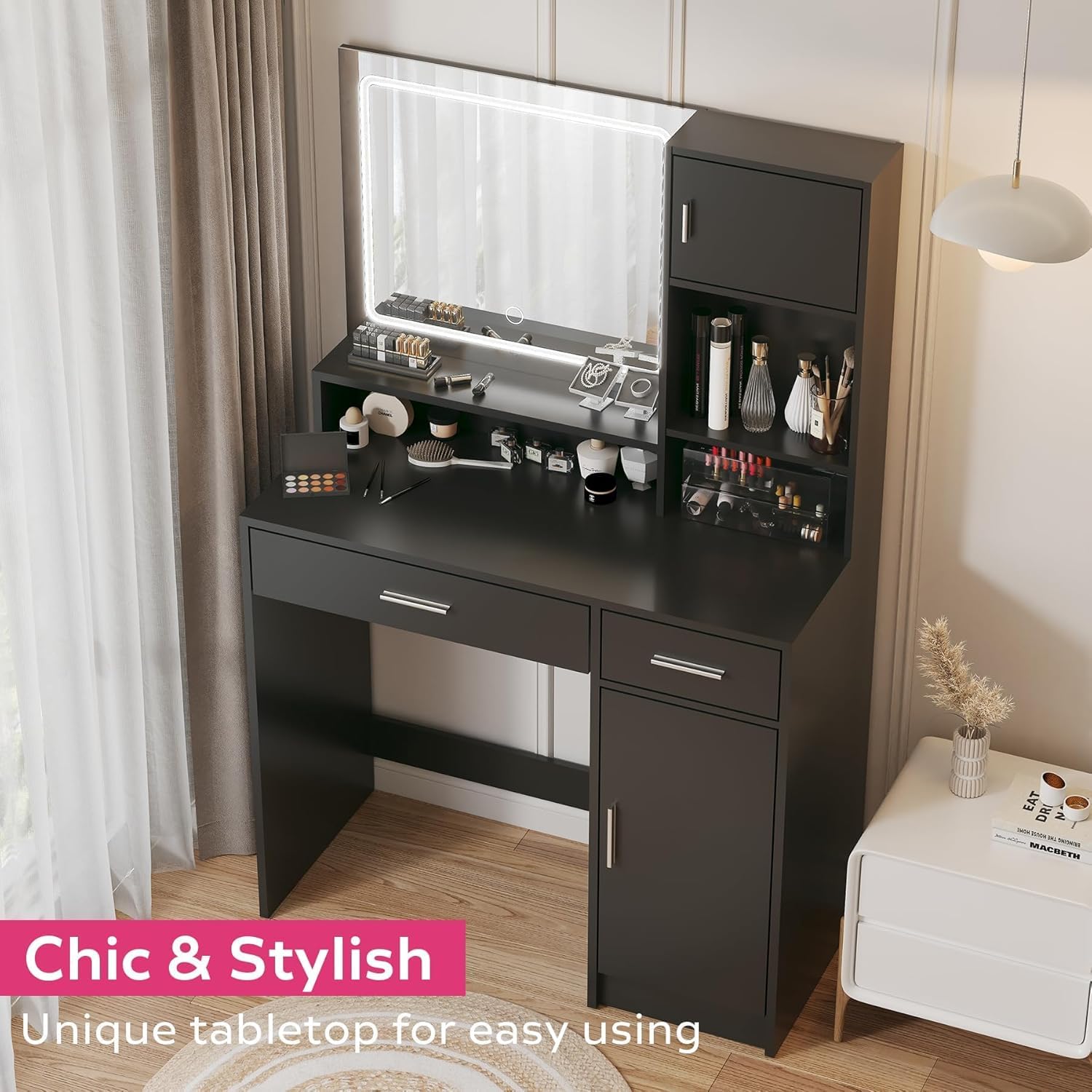 Palimder Vanity Desk with LED Light Mirror, Dressing Table with Large Drawer & 3-Tier Storage, Adjustable Brightness 3 Lighting Modes, Modern Makeup Desk for Bedroom, Bathroom, or Living Room