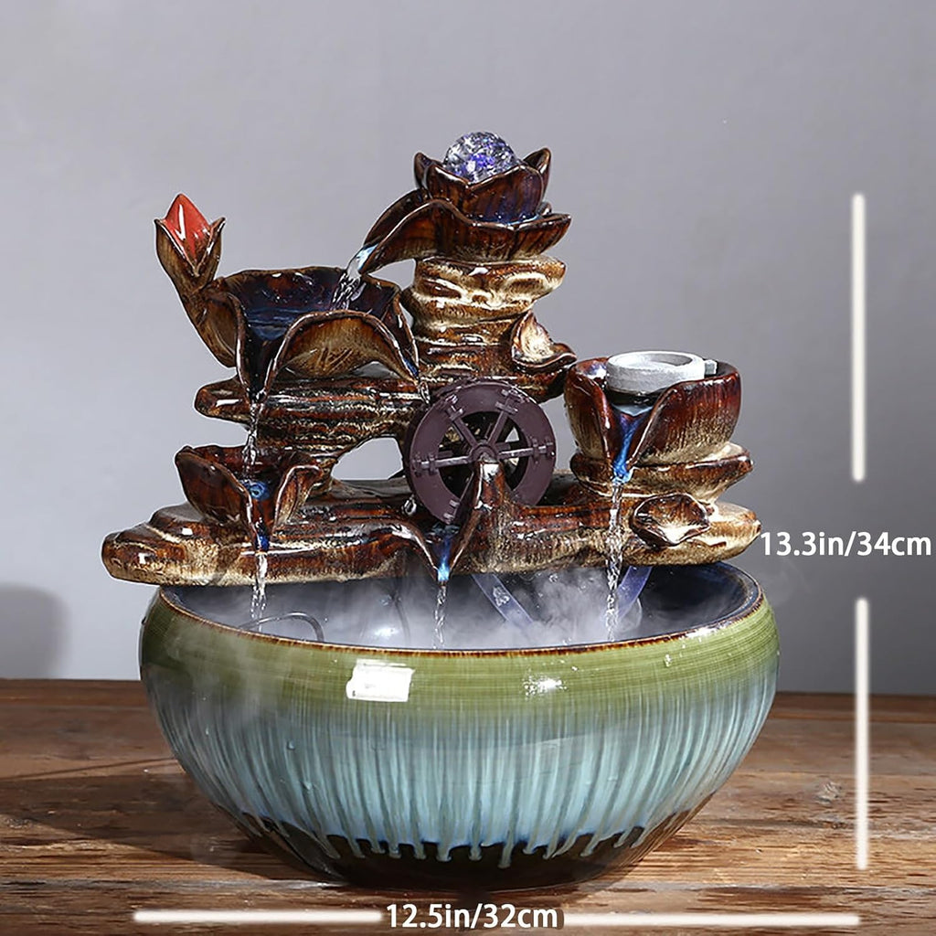Tabletop Water Fountain, Feng Shui Mist Waterfall with Fish Tank, Ceramic Zen Bonsai Decor, Relaxing Desktop for Office Living Room(B)