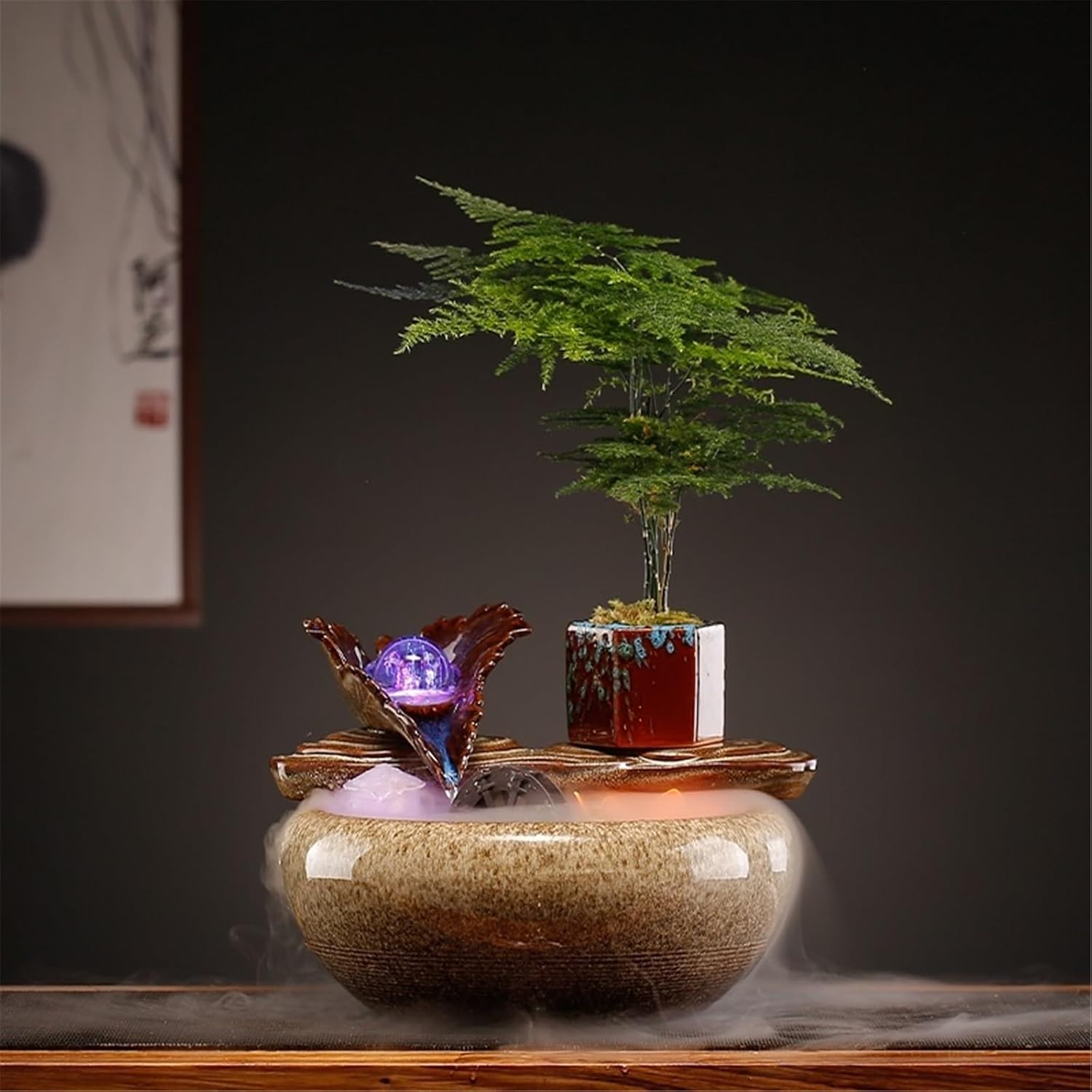 Indoor Waterfall Fountain Chinese Style Tabletop Fountain Relaxation Water Feature Circulating Ceramic Fish Tank