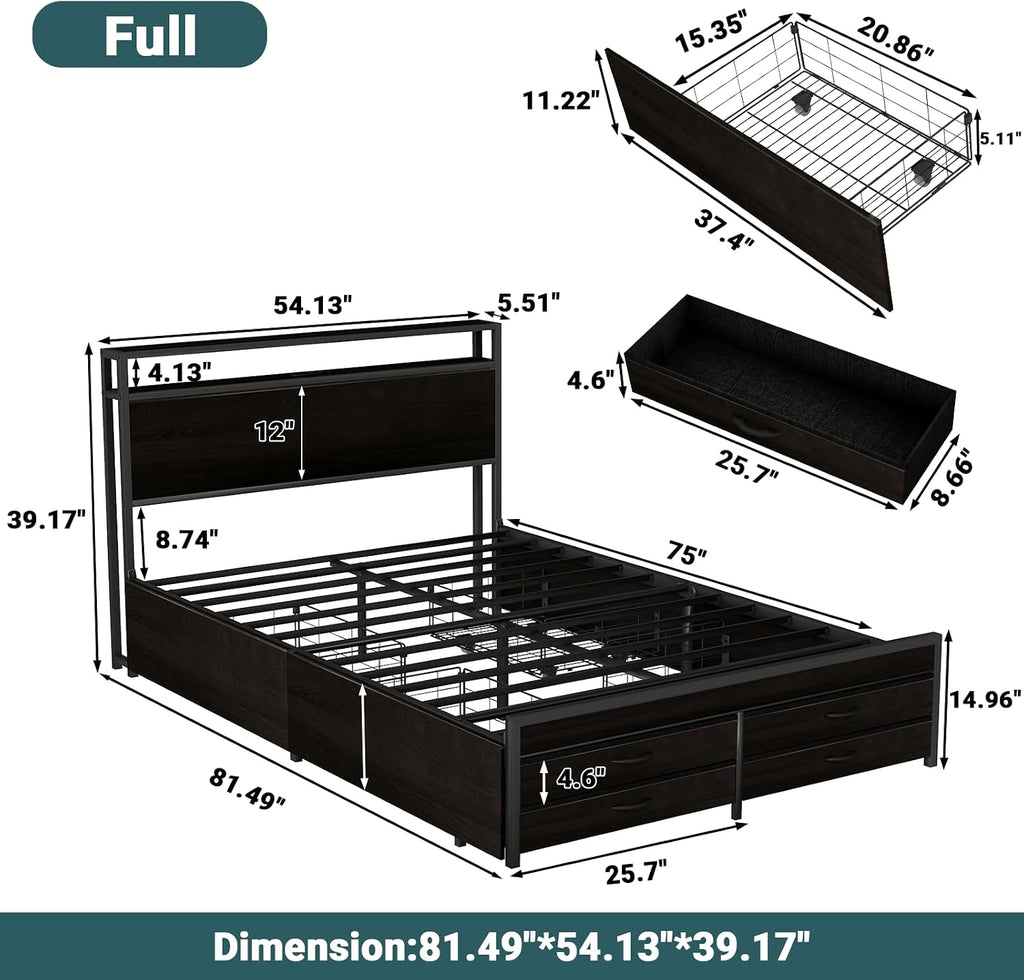 Zevemomo Full Bed Frames with Headboard, Full Size Storage Bed Frame with 8 Drawers, Built-in Charging Ports & Outlets, Adjustable Atmospheric LED Lights, Full-Size Metal Foundation Beds Base, Black