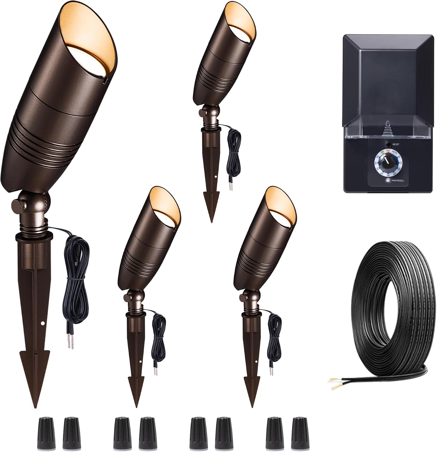 Low Voltage Landscape Lighting Kit, 4 Pack 3000K/4000K/5000K Adjustable Spotlights and 100W Transformer and 100FT Cable and 20 Wire Connectors, Aluminum ORB Waterproof Uplight for Tree Yard