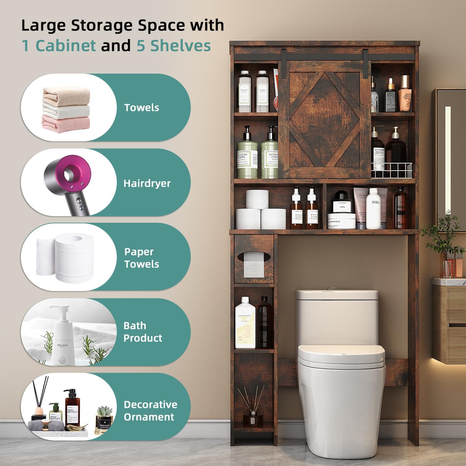 Over the Toilet Storage Cabinet with Farmhouse Sliding Barn Door, Above Toilet Organizer with Toilet Paper Holder Stand, Behind Toilet Shelf, Space Saver for Restroom, Bathroom, Laundry, Brown