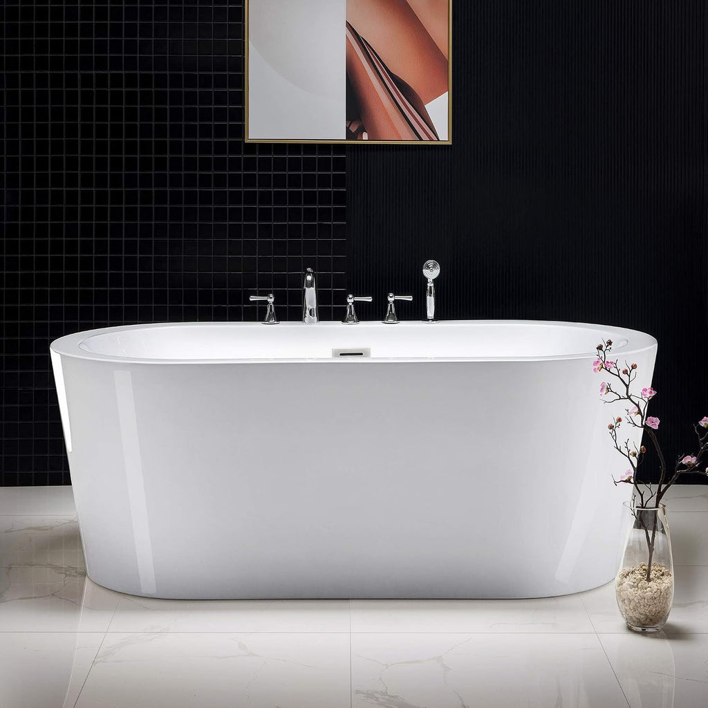 WOODBRIDGE 59' Acrylic Freestanding Bathtub Contemporary Soaking White Tub with Brushed Nickel Overflow and Drain，B0012 -B/N-Drain &O