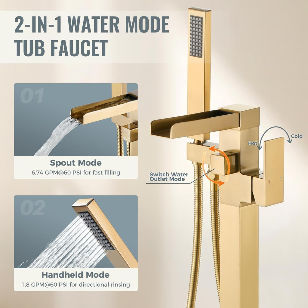 Freestanding Tub Faucet Brushed Gold: ALEASHA High Flow Max 6.74 GPM Free Standing Tub Filler - Brass Modern Floor Mount Bathtub Faucet with Handheld Shower, for the Ultimate Elegant SPA Experience