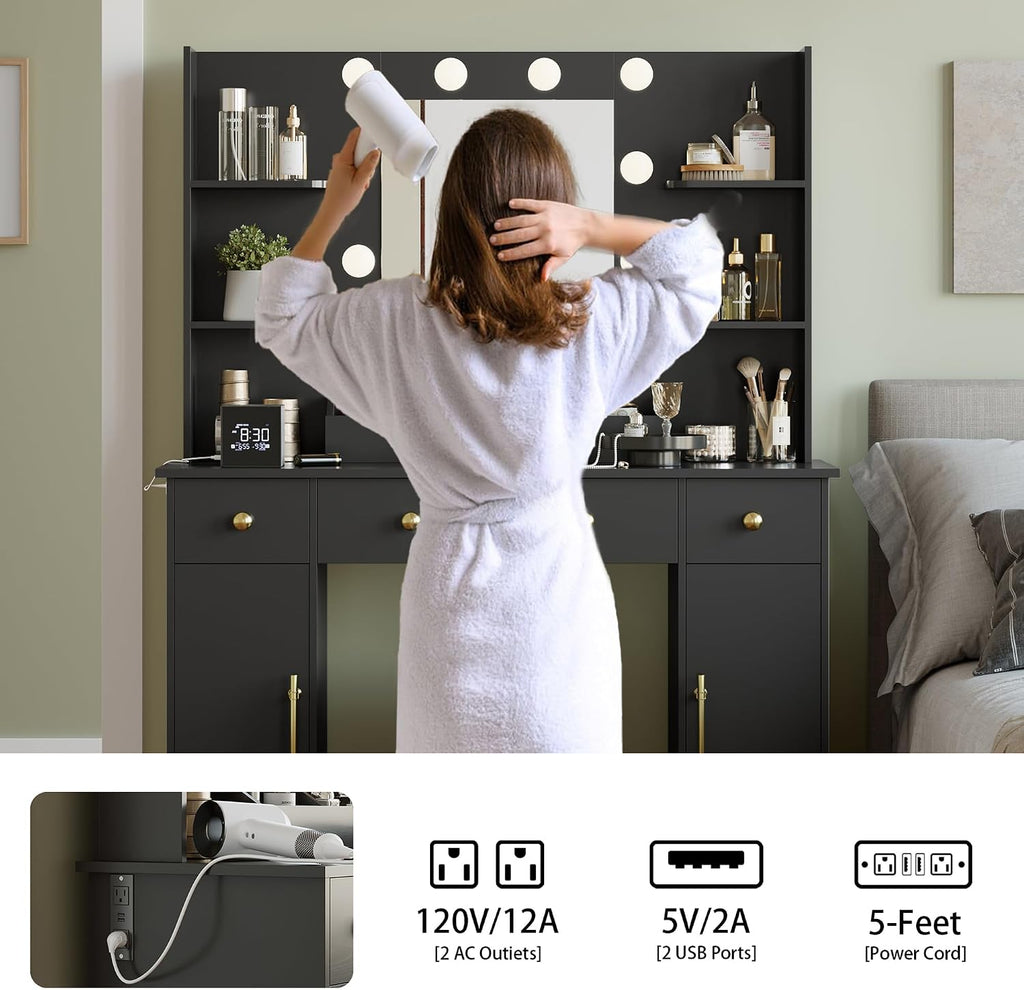 Wodeer Makeup Vanity Desk with Mirror and Lights, 43' Black Vanity Set with 3 Drawers, Power Outlet & Adjustable RGB LED Lights, Dressing Table with Storage Shelf for Women & Girls Bedroom