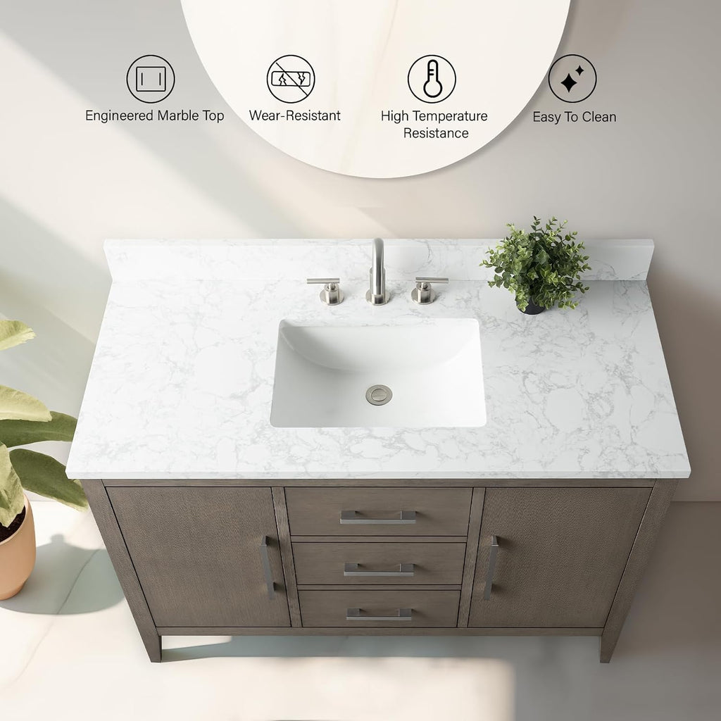Vanity Art 48 inch Bathroom Vanity with Single Sink & Ceramic Top, Solid Wood, Vanity Cabinet with Soft-Closing Doors, Drawers, Driftwood Gray, Golden Brushed Handware