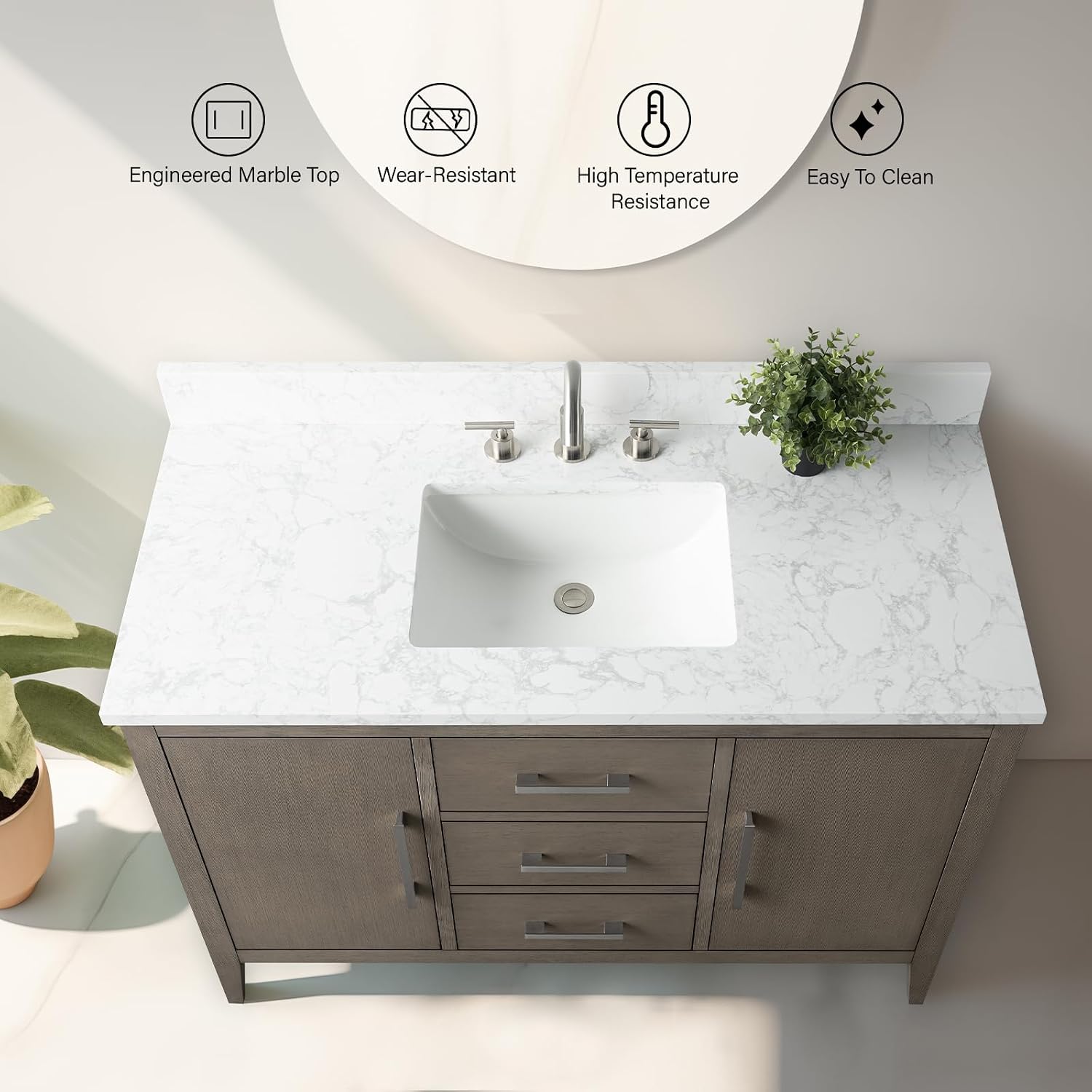 Vanity Art 48 inch Bathroom Vanity with Single Sink & Ceramic Top, Solid Wood, Vanity Cabinet with Soft-Closing Doors, Drawers, Driftwood Gray, Golden Brushed Handware