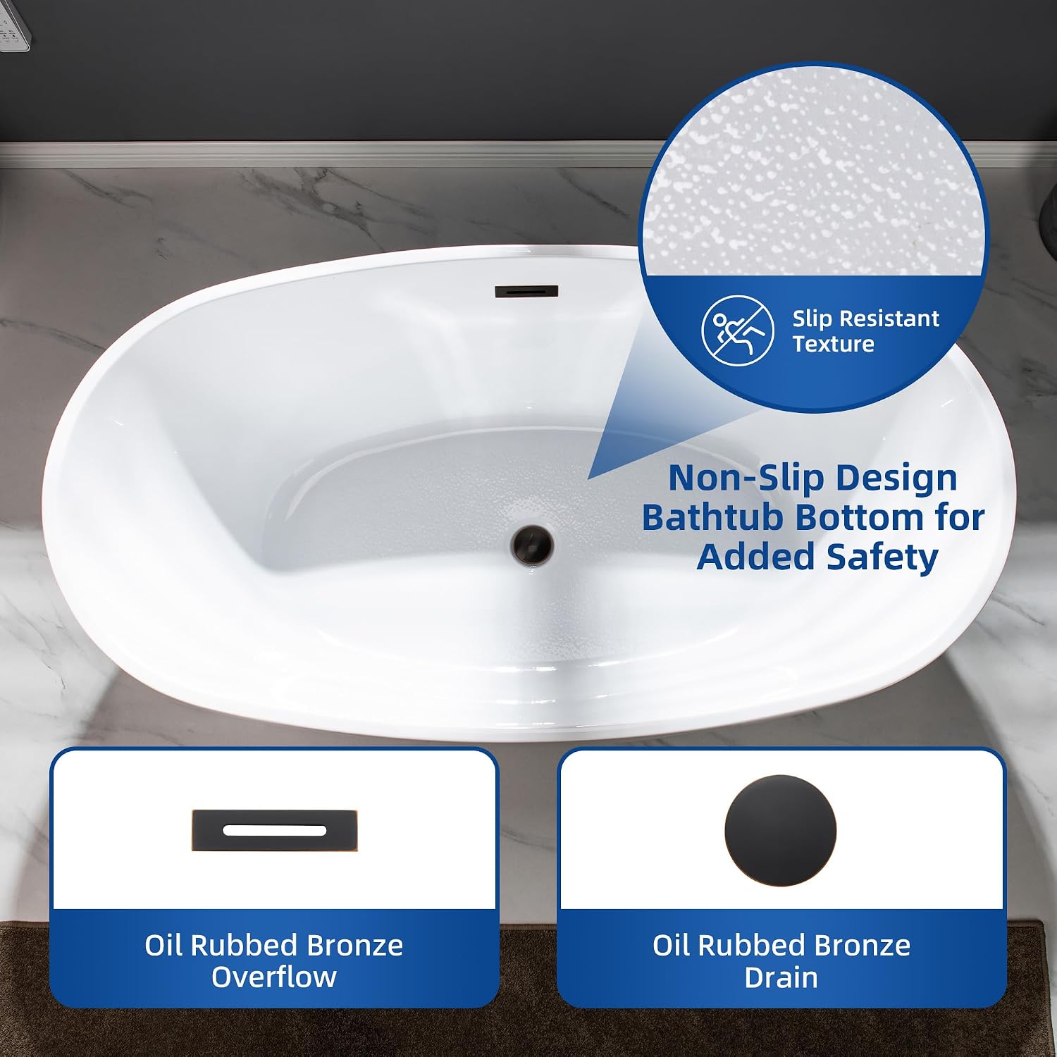 WOODBRIDGE 55' Acrylic Freestanding Bathtub Contemporary Soaking White Tub with Oil Rubbed Bronze Overflow and Drain,BTA1418 -ORB