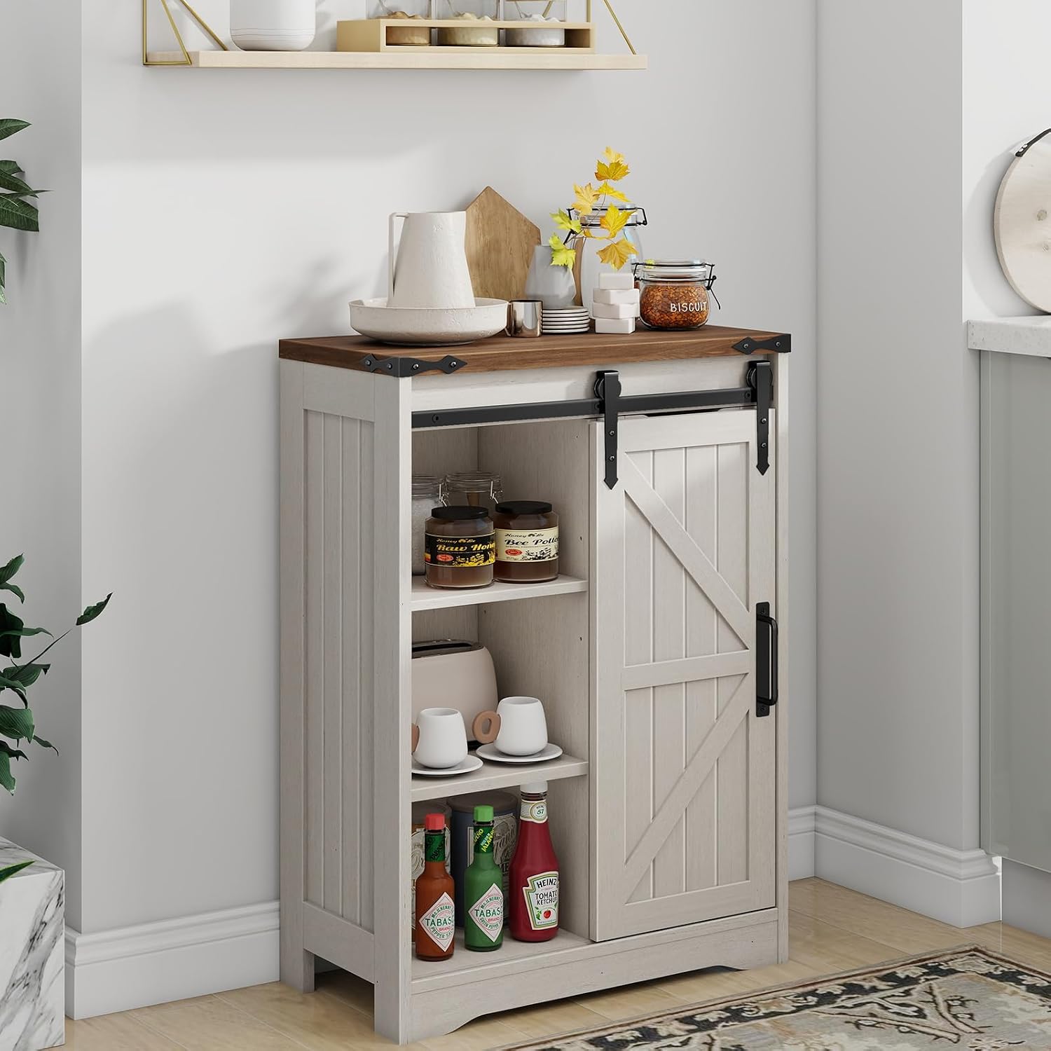 Halitaa Farmhouse Bathroom Floor Storage Cabinet with 4 Drawers, Bathroom Cabinet with Sliding Door, Rustic Storage Organizer for Kitchen, Living Room, Rustic Style, White