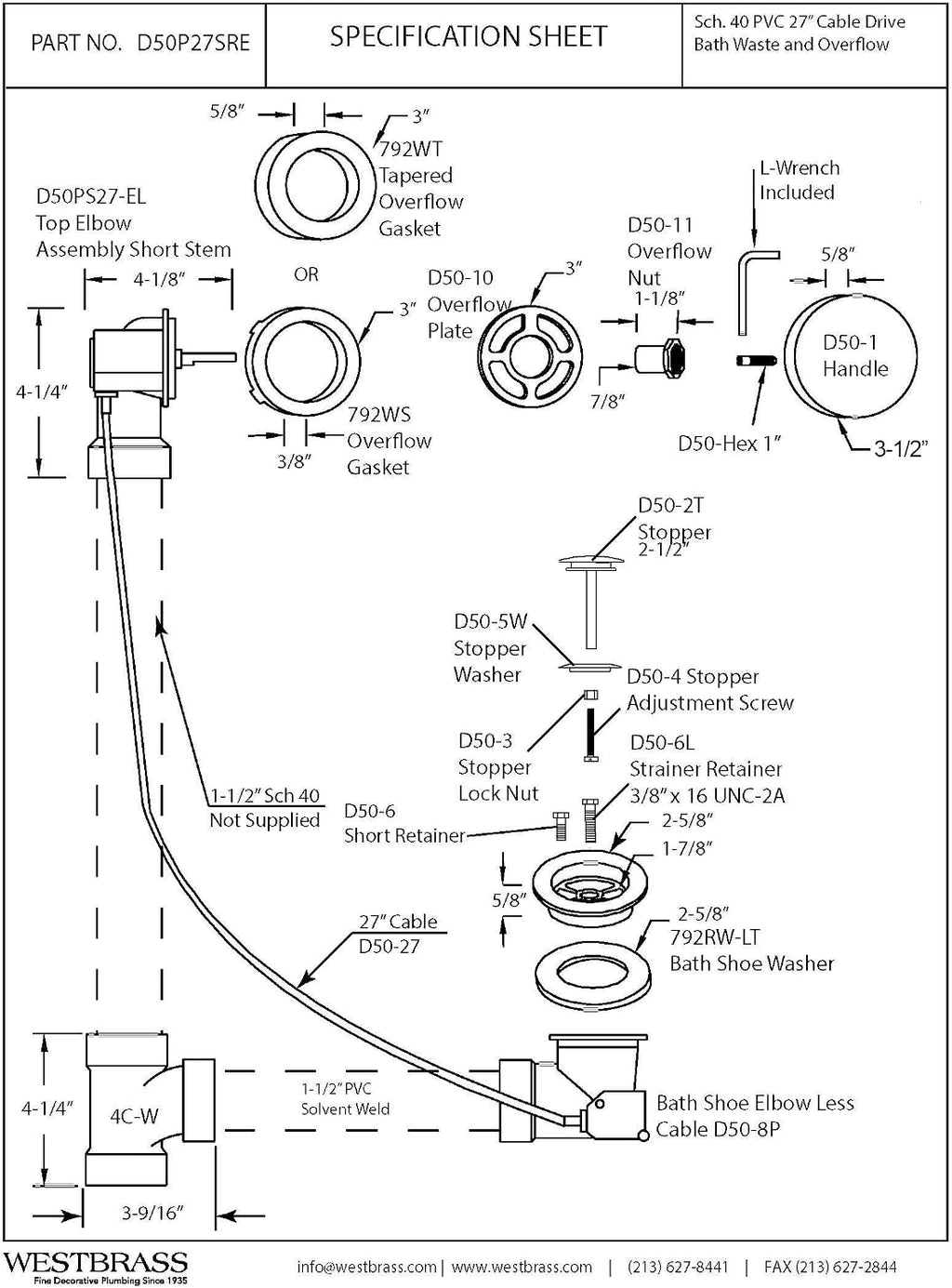 Westbrass D50P27SRE-01 27' Cable Drive Bathtub Drain Trim with Rotary Overflow Cover Knob, Pop-Up Stopper Sch. 40 PVC Fittings, Polished Brass