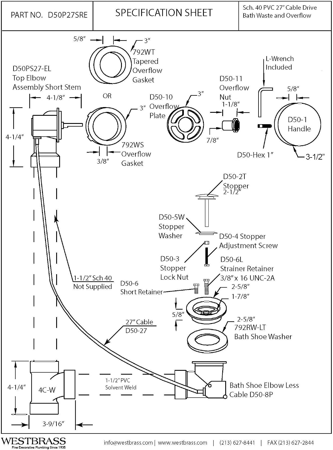 Westbrass D50P27SRE-07 27' Cable Drive Bathtub Drain Trim with Rotary Overflow Cover Knob, Pop-Up Stopper Sch. 40 PVC Fittings, Satin Nickel