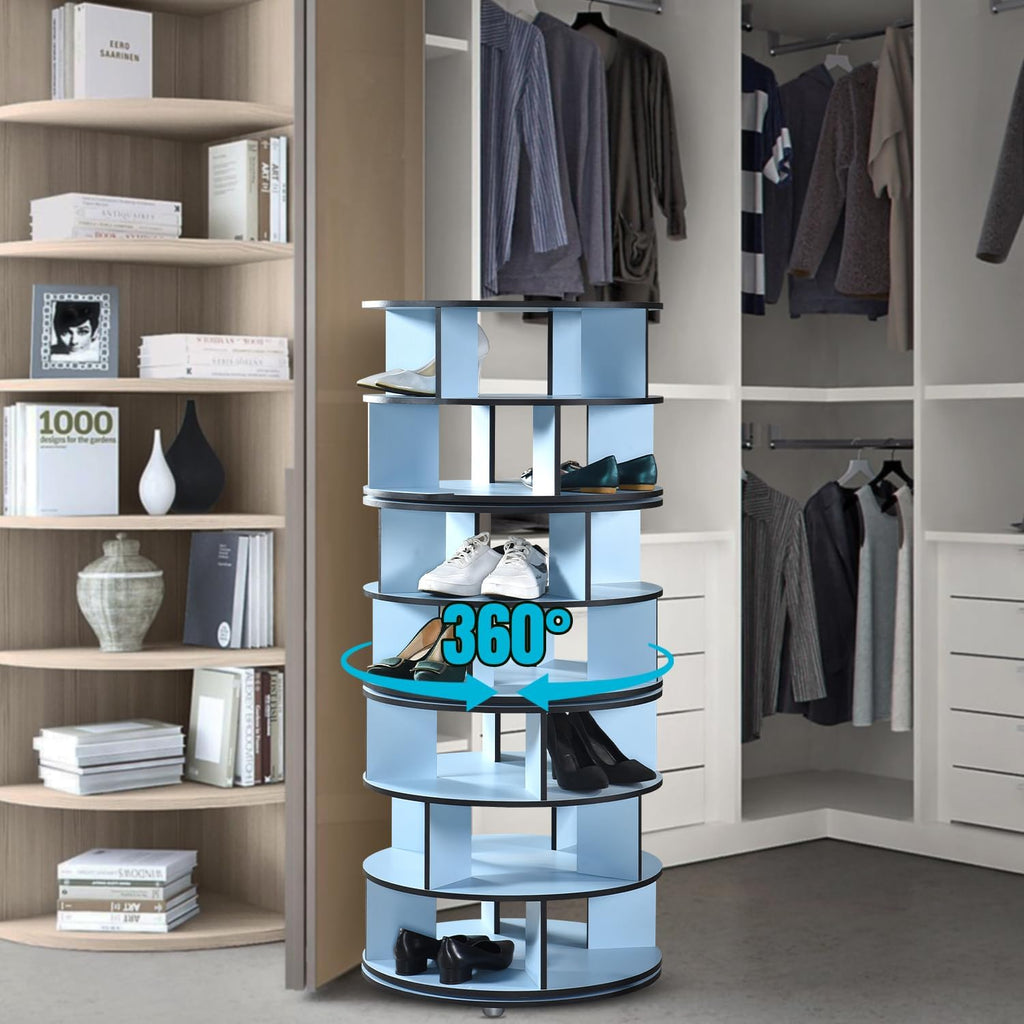 Kings Brand Furniture - 7-Tier Rotating Shoe Rack, 360° Revolving Lazy Susan Spinning Shoe Rack Tower Storage Organizer for Closet Entryway Bedroom Hallway, Blue