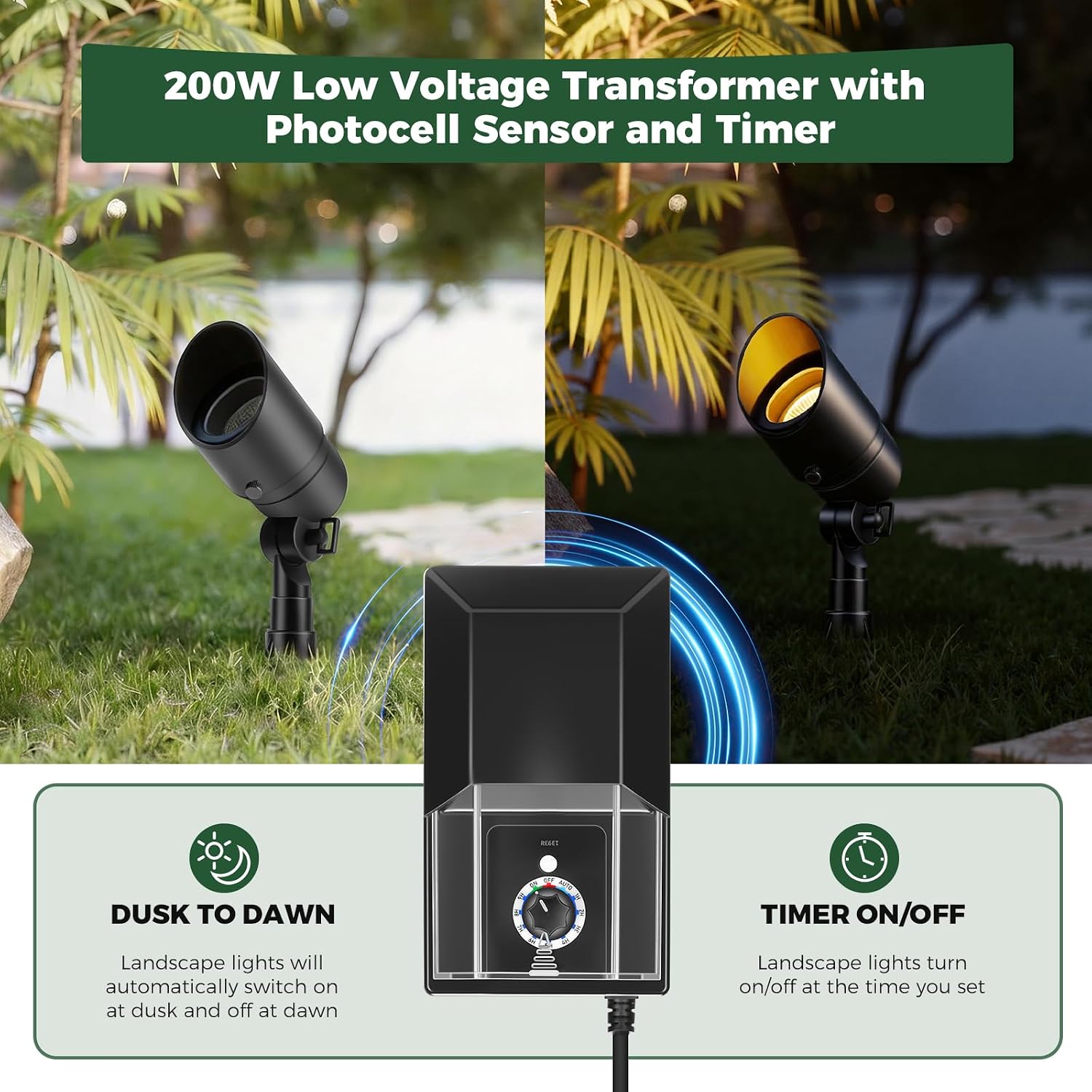 Gardencoin All-in-One LED Low Voltage Landscape Lighting Kit, 5W Spotlights with 200W Transformer 150ft Wire and 12 Fastlock Connectors, 2700K Waterproof Aluminum Fixture for House Tree Yard Garden