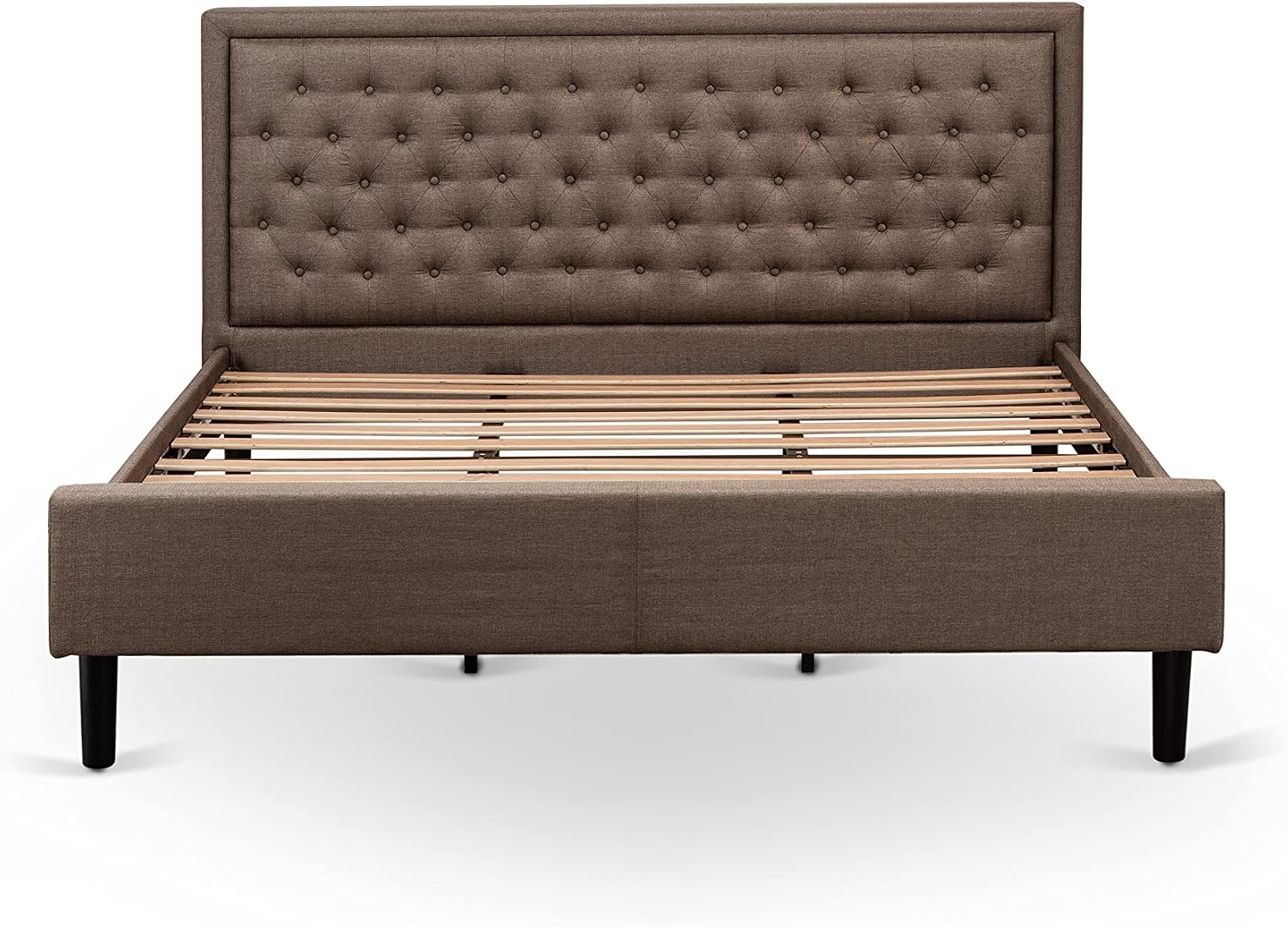 East West Furniture KD18K-2HI07 3 Piece Bed Set - 1 King Bed Brown Linen Fabric Padded and Button Tufted Headboard with 2 nightstands - Distressed Jacobean Finish Nightstand