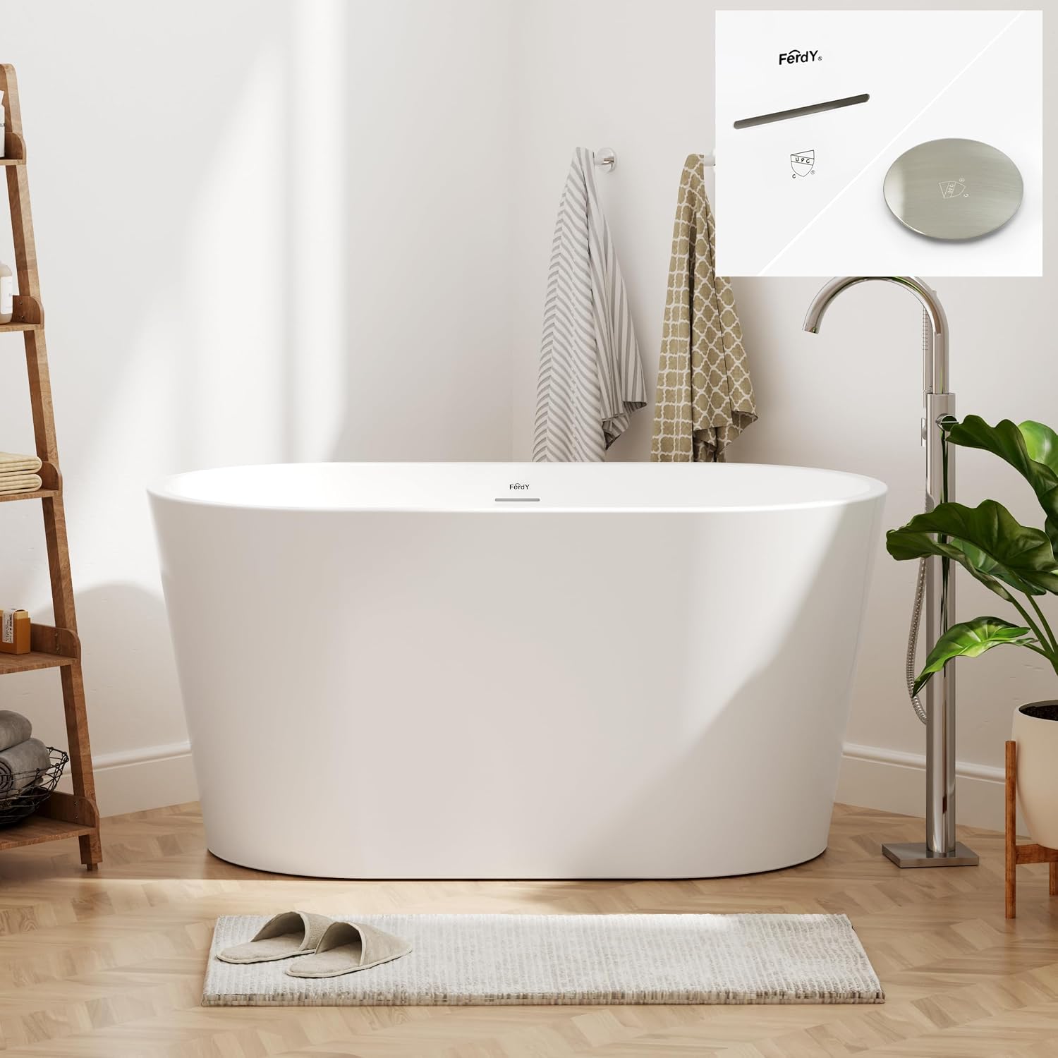 FerdY Shangri-La 47' Acrylic Freestanding Bathtub, Small Classic Oval Shape Acrylic Soaking Bathtub with Brushed Nickel Drain & Minimalist Linear Design Overflow, Modern White, cUPC Certified