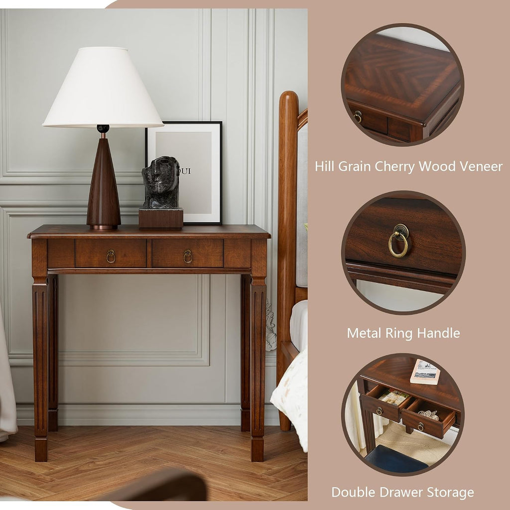 Solid Wood Small Makeup Vanity Table Set, 31.5'W Narrow Wooden Dressing Vanity Desk with 2 Storage Drawers and Upholstered Stool, Compact Writing Desk & Button Tufted Cushioned Stool, Cherry&Brown