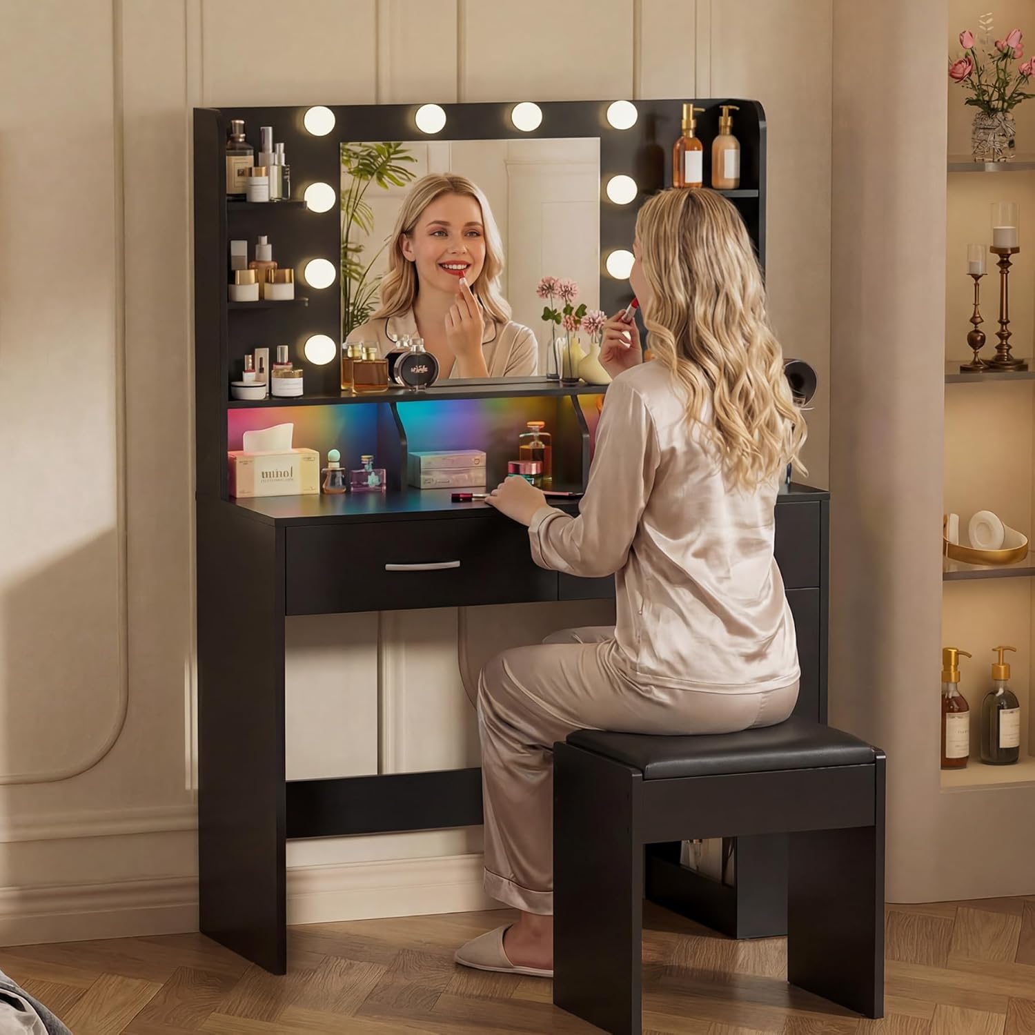COMHOMA Vanity Desk with Lighted Mirror and Power Outlet, RGB LED Lights Makeup Vanity Set for Girls, Large Storage Capacity Dressing Table for Bedroom, 3 Lighting Modes Adjustable Brightness, Black