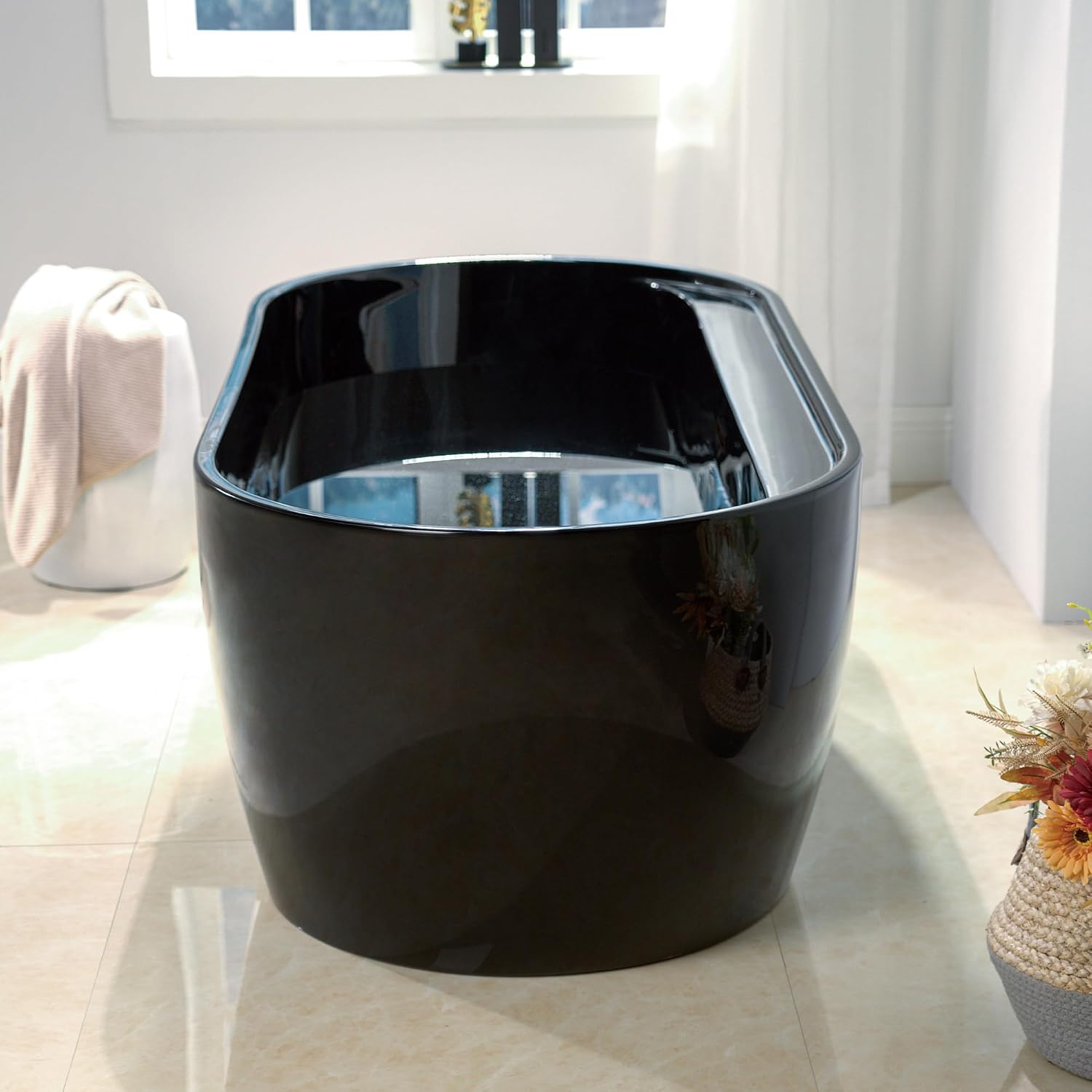 WOODBRIDGE 72' L x 35-3/8' W Freestanding Contemporary Acrylic Soaking Bathtub in Glossy Black Inside and Outside with Oil-Rubbed Bronze Drain & Overflow,B8859-ORB