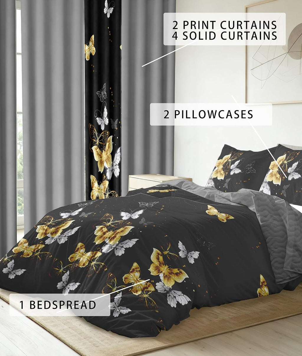 9-Piece Cal King Comforter Set with Curtains Black Gold Butterfly Microfiber RV & Luxe Living