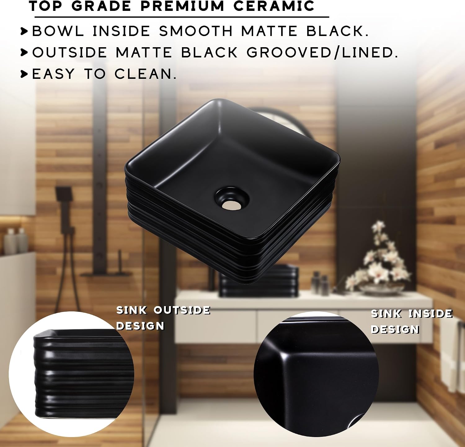 Strictly Sinks 16 Inch Square Black Vessel Sink - Modern Ceramic Countertop Bathroom Sink – Easy to Install Above Counter Luxurious Bathroom Vessel Sink (15-3/4″ W x 15-3/4″ L x 5-5/8″ H)