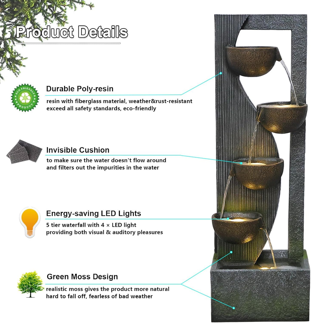Sunlinua Outdoor-Water-Fountain Waterfalls Garden Fountain 5-Tier Outdoor Floor Standing Water Fountains with Natural Stones, LED Lights, Pump for Garden, Living Room, Patio, 49.2 Inches Tall
