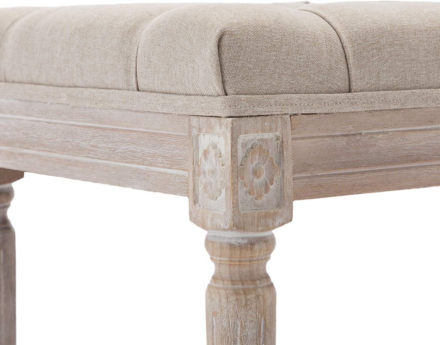 Kmax 45.3' Upholstered Dining Room Bench, Rustic Living Room Ottoman Bench with Carved Pattern & Rustic White Brushed Rubber Wood Legs, Beige