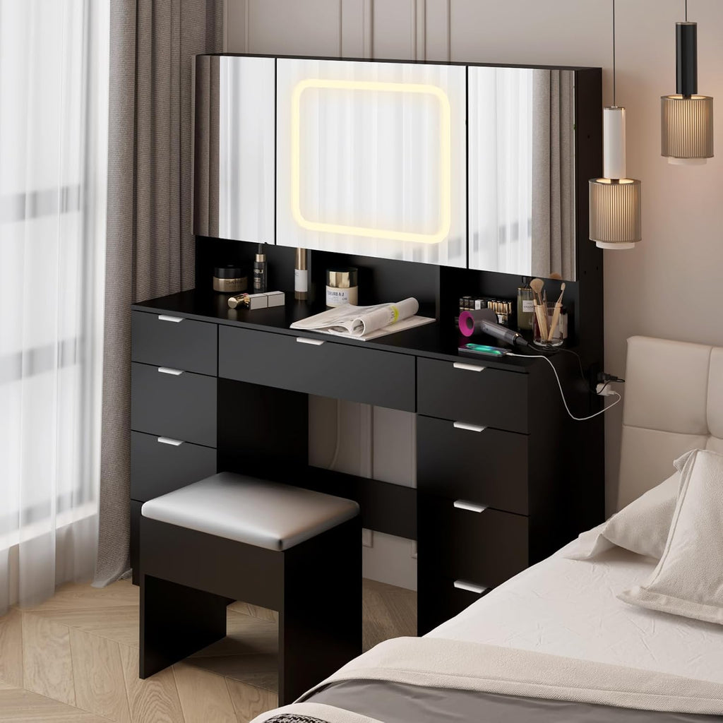 VINGLI 47'' Vanity Desk with LED Lighted Large Mirror & Cushioned Stool, Makeup Set with 3 Mirrored Cabinets & Lighting in 3 Colors & 9 Drawers & Charging Station for Bedroom, Black