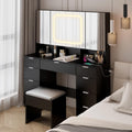 VINGLI 47'' Vanity Desk with LED Lighted Large Mirror & Cushioned Stool, Makeup Set with 3 Mirrored Cabinets & Lighting in 3 Colors & 9 Drawers & Charging Station for Bedroom, Black