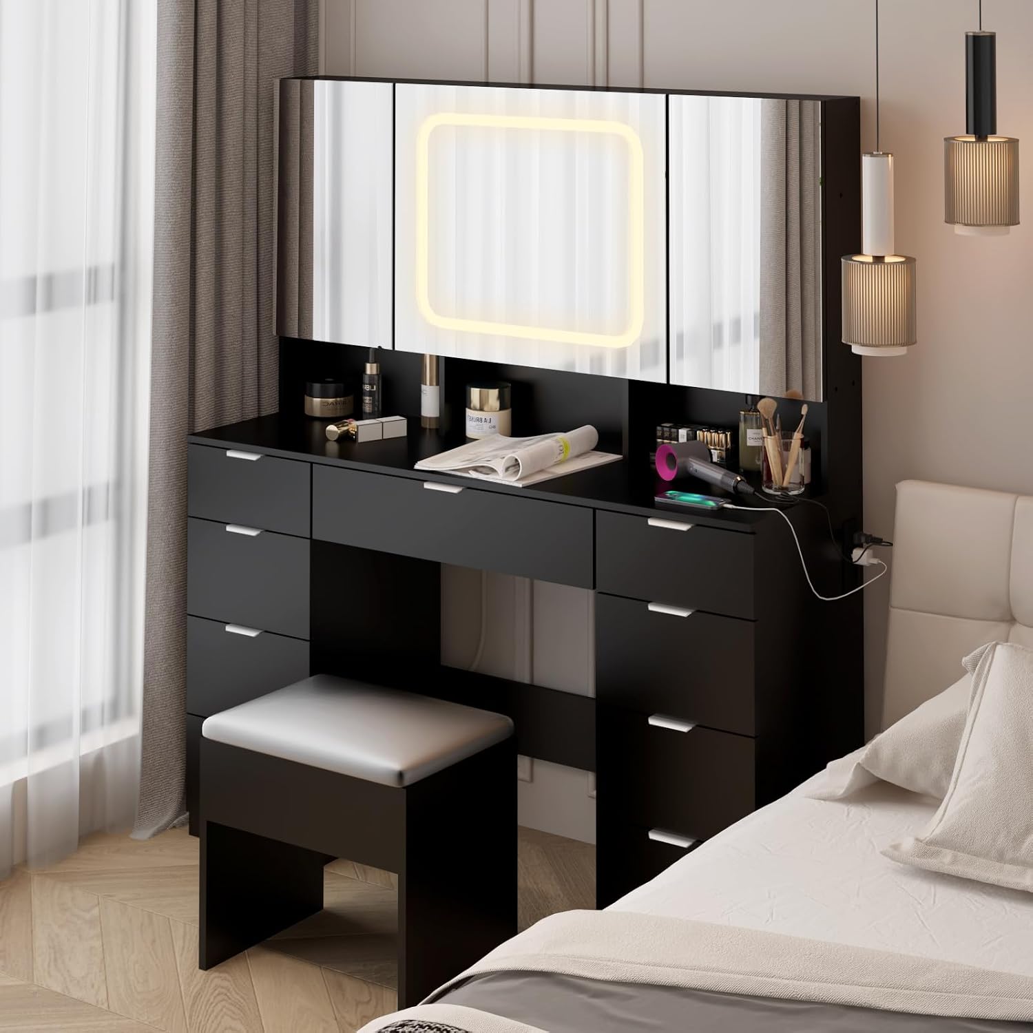 VINGLI 47'' Vanity Desk with LED Lighted Large Mirror & Cushioned Stool, Makeup Set with 3 Mirrored Cabinets & Lighting in 3 Colors & 9 Drawers & Charging Station for Bedroom, Black
