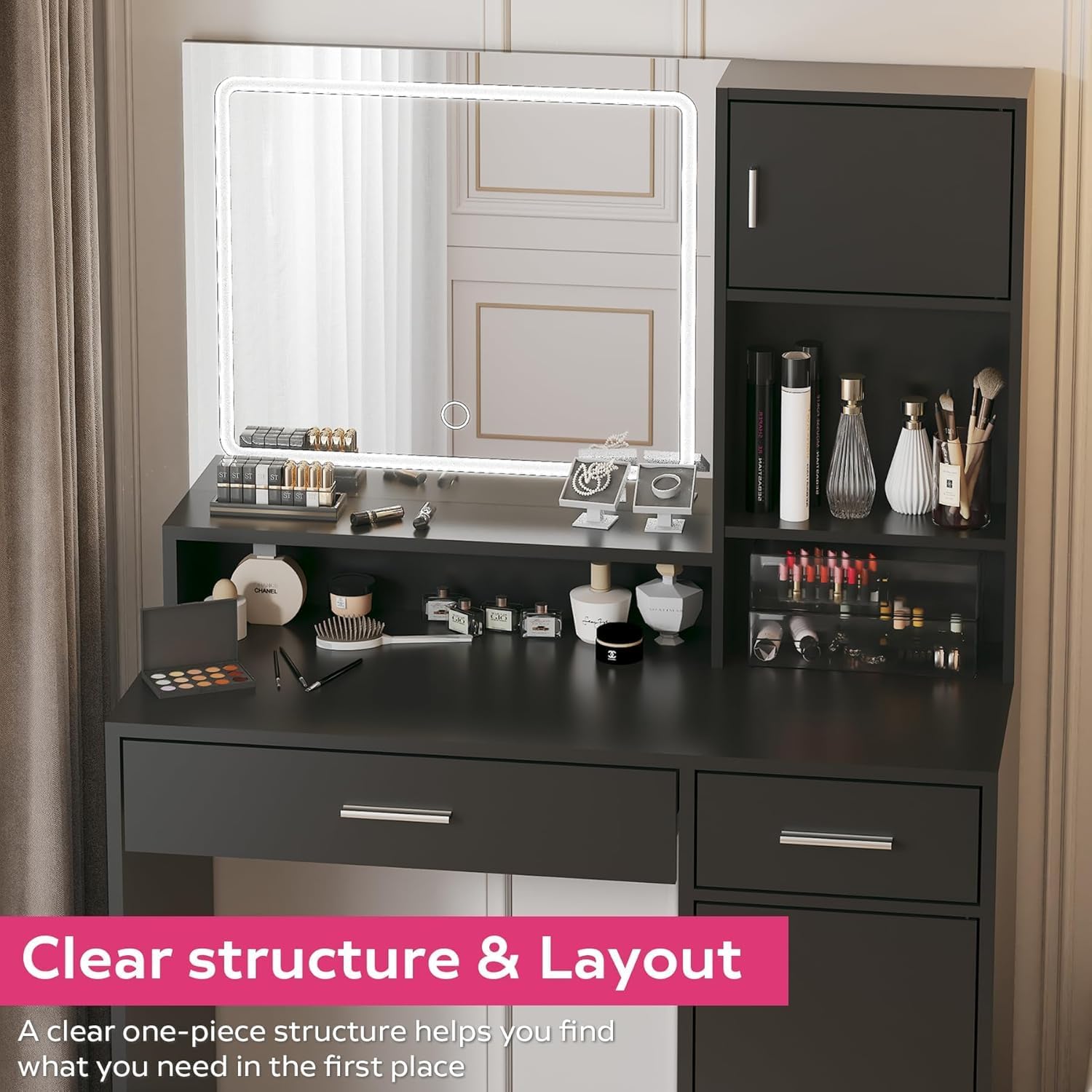 Palimder Vanity Desk with LED Light Mirror, Dressing Table with Large Drawer & 3-Tier Storage, Adjustable Brightness 3 Lighting Modes, Modern Makeup Desk for Bedroom, Bathroom, or Living Room