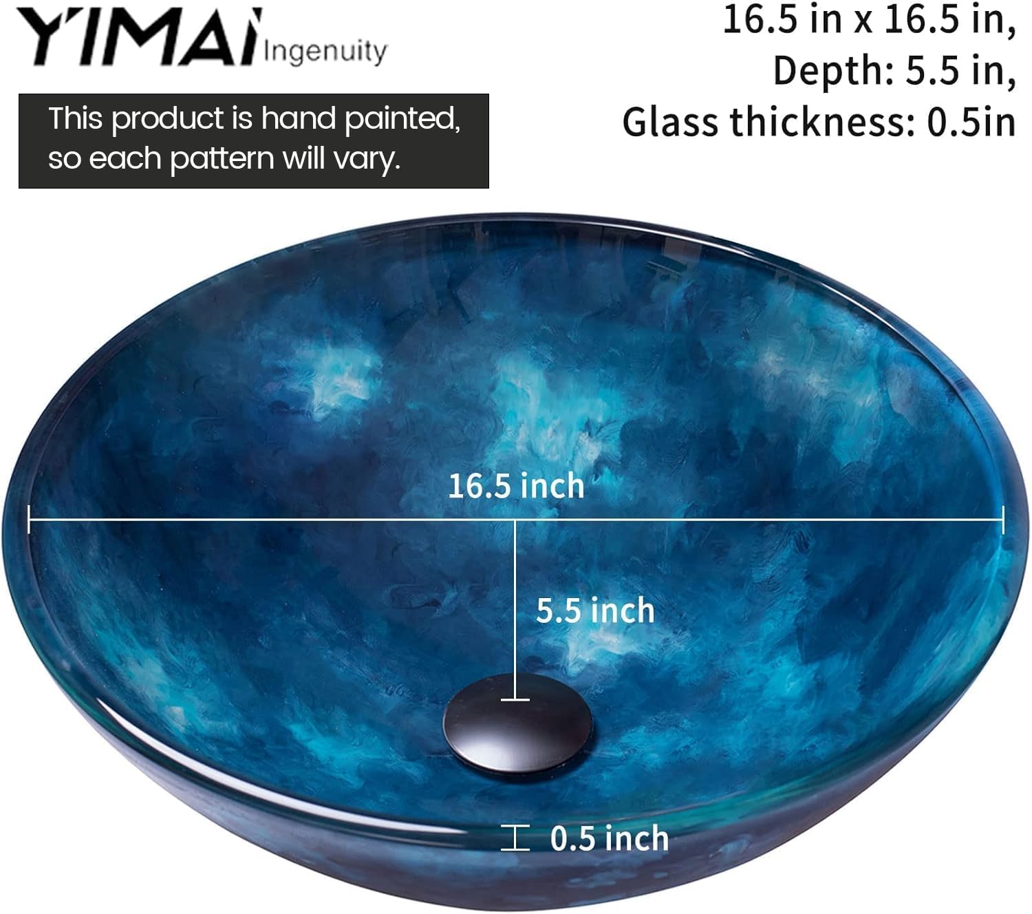 Vessel Sink 16.5' Bathroom Sinks Tempered Glass Blue Art Basin Round Bowl with Faucet Combo Blue,Modern Countertop Bowl Sink for Lavatory Vanity Cabinet