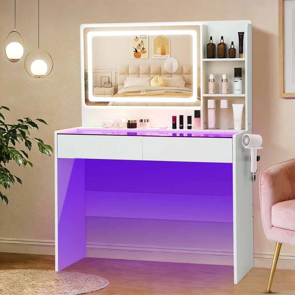 Vanity Desk,Makeup Vanity Desk with Mirror and Lights,Transparent Top with LED Multiple Color Lights,Mirror 3 Color Modes 2 Drawers,Power Outlet,Dressing Table for Girls Bedroom,White