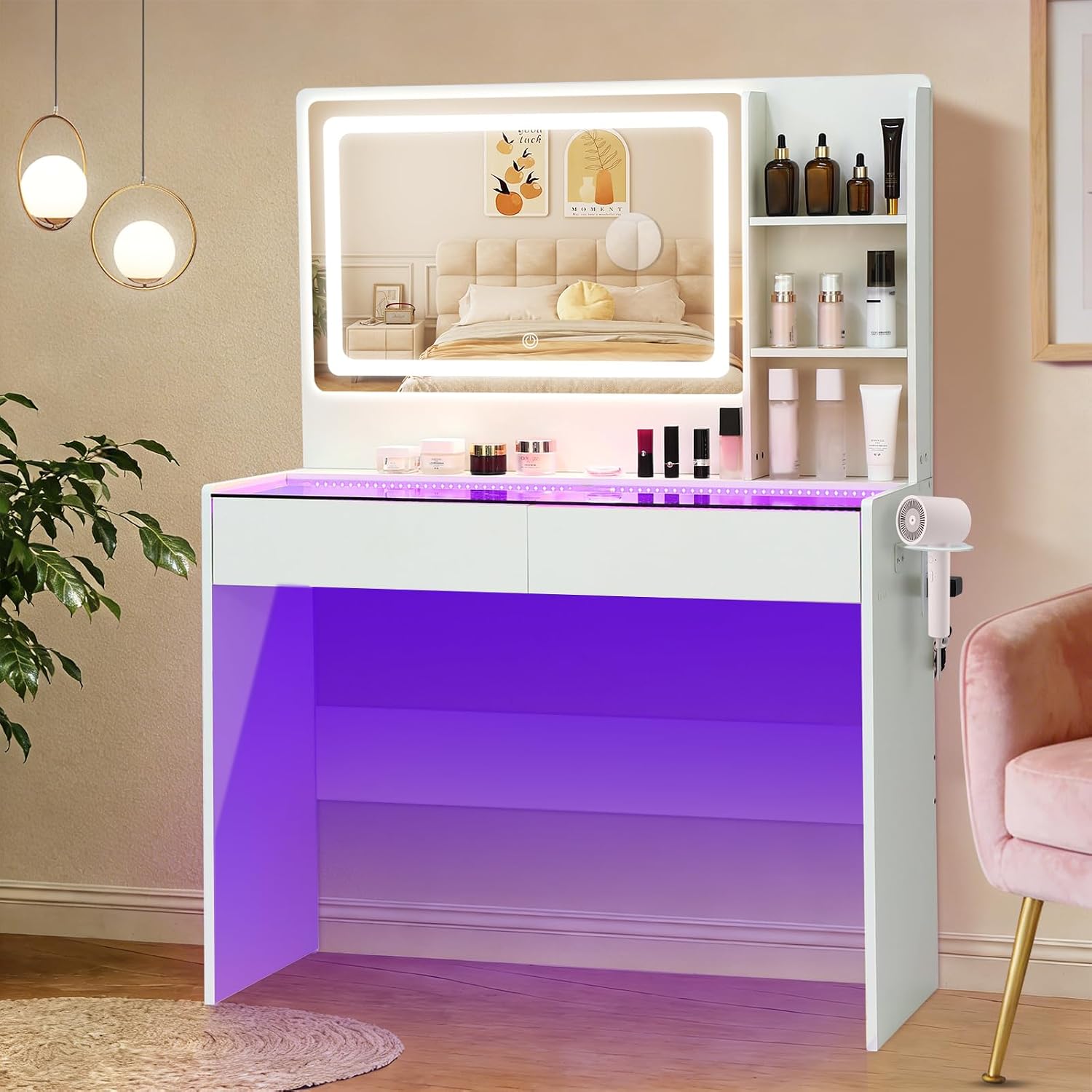 Vanity Desk,Makeup Vanity Desk with Mirror and Lights,Transparent Top with LED Multiple Color Lights,Mirror 3 Color Modes 2 Drawers,Power Outlet,Dressing Table for Girls Bedroom,White