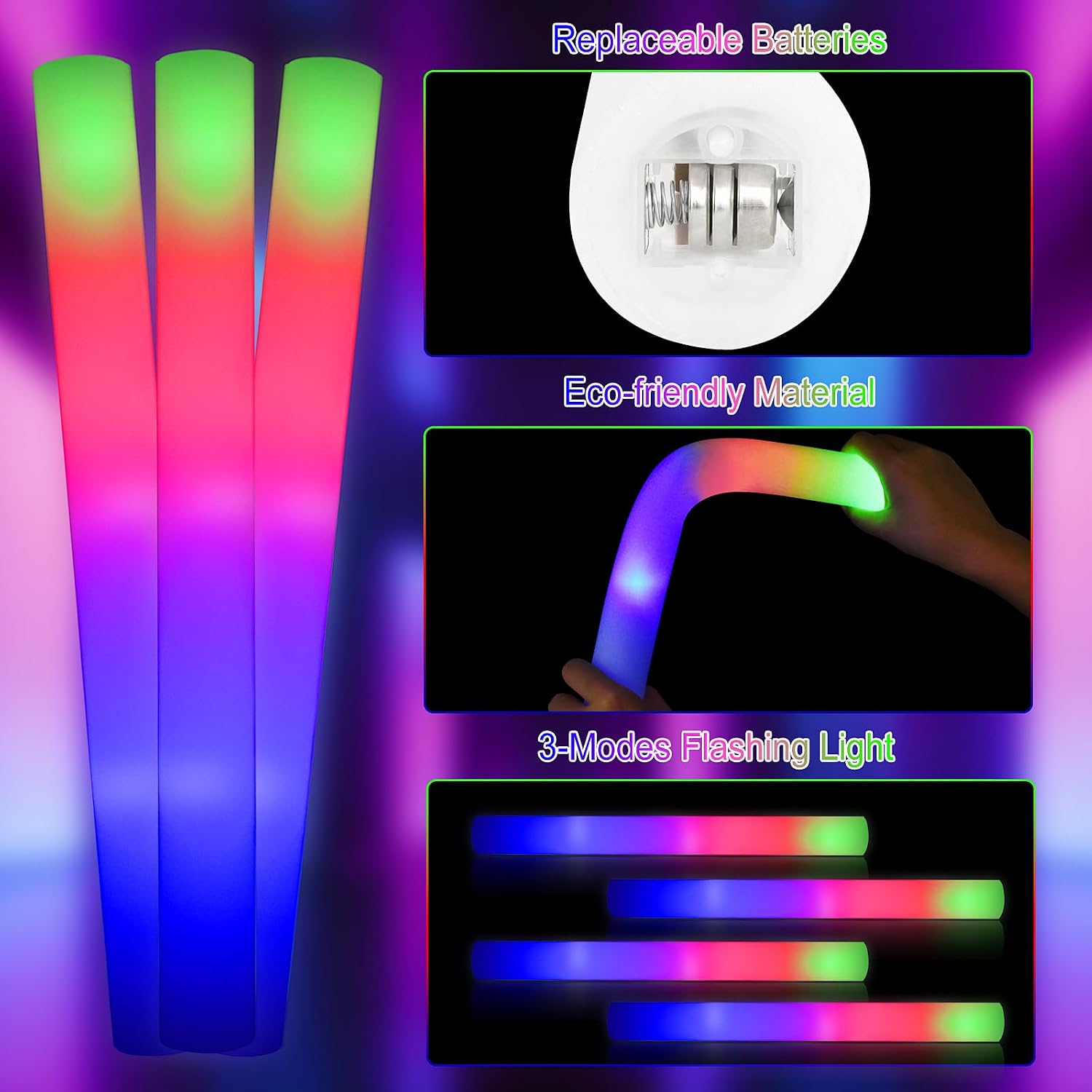 Taotuo Glow Sticks Bulk, 200 Pack Foam Sticks Glow in The Dark Party Supplies 3 Flashing Modes Lighting up Foam Sticks for Wedding, Party, Concerts, Birthday,Christmas