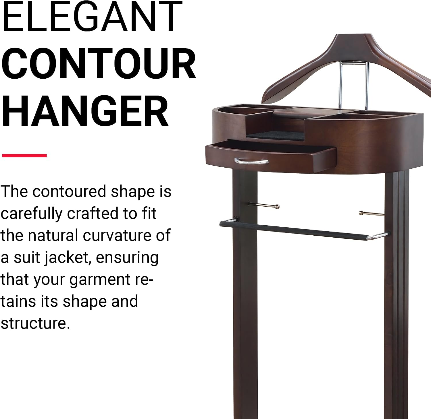 Proman Products - Crescent Moon Valet, Mens Valet Stand with Drawer, Top Tray, Contour Hanger, Trouser Bar, Belt Hooks & Shoe Rack, Accessory & Clothes Organizer (Mahogany)