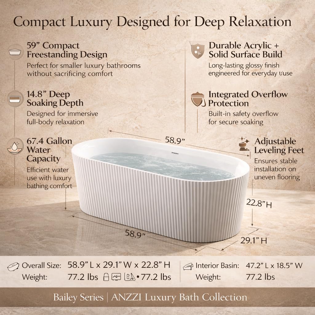 ANZZI Freestanding Soaking Bathtub 59 In Acrylic Solid Surface Glossy Flatbottom White Bailey Series 14.8 In Soaking Depth 67.4 Gal Capacity Overflow Drain Compact One Piece Design | AMZFT650-59