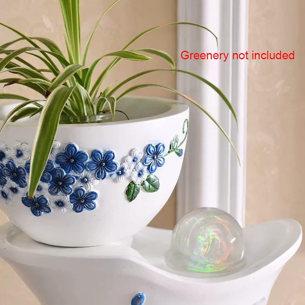 Tabletop Fountain Indoor Desktop Tabletop Water Fountain White Background Blue Flower Tiered Resin Vase Pitchers Elegant Interior Feature Decorative for Home and Office(Large)