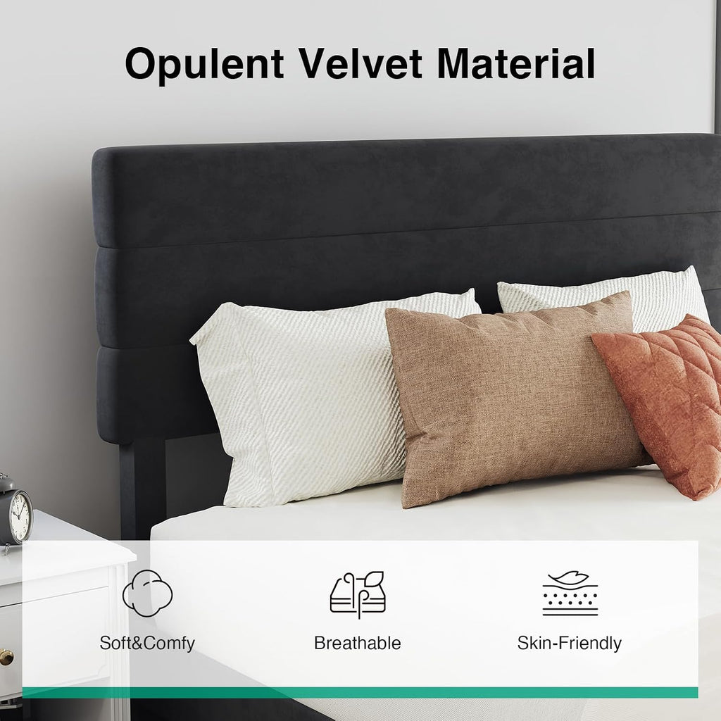 Novilla Queen Bed Frame, Queen Size Bed Frame with Wooden Slats Support, Velvet Upholstered Stripe Headboard, No Box Spring Needed, Heavy Duty Feet, Easy Assembly, Black Velvet