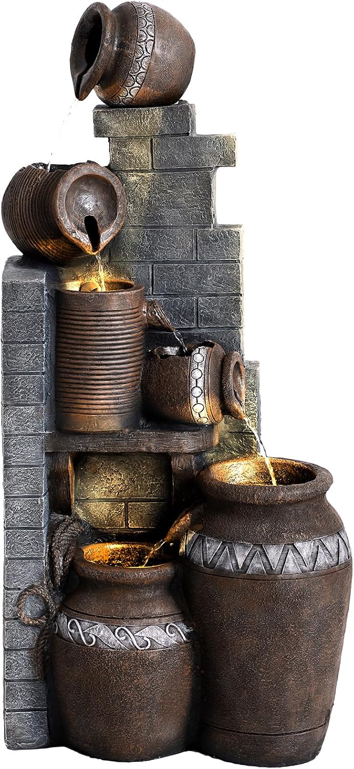 Grepatio Outdoor Water Fountain, Garden Waterfalls Fountains with LED Lights, 6 Tier Modern Indoor/Outdoor Floor Standing Water Fountain for Garden, Patio (10.6'(L) x 14.6'(W) x 31.5'(H))